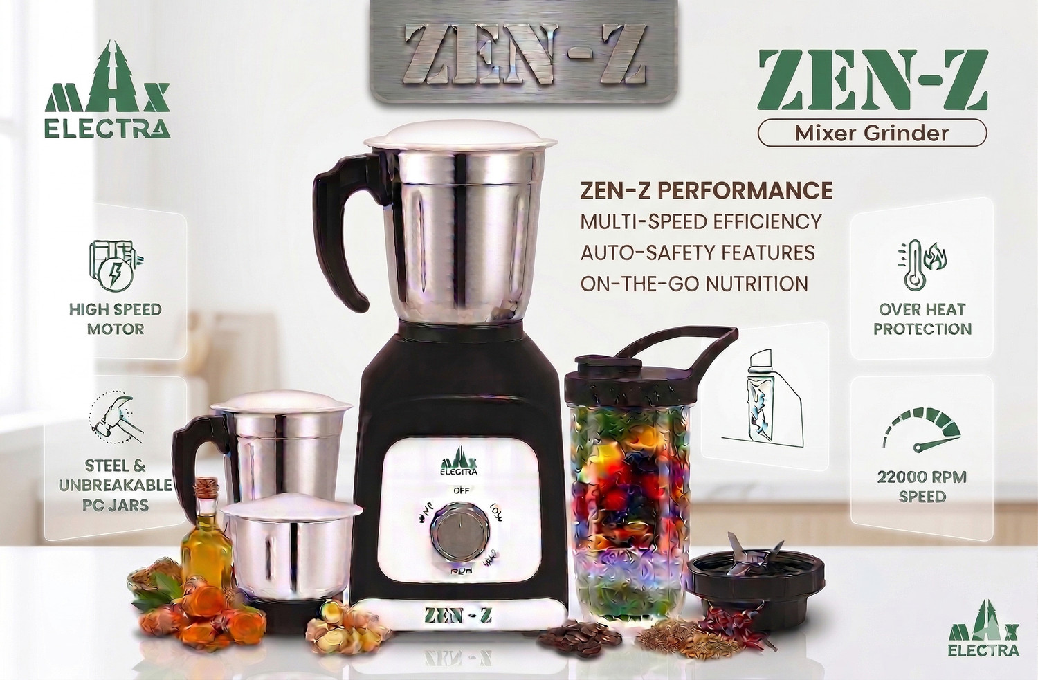 Image of MAX ELECTRA ZEN-Z17 500 W Juicer Mixer Grinder (ZEN-Z-75017 | 3 Jars | Black)