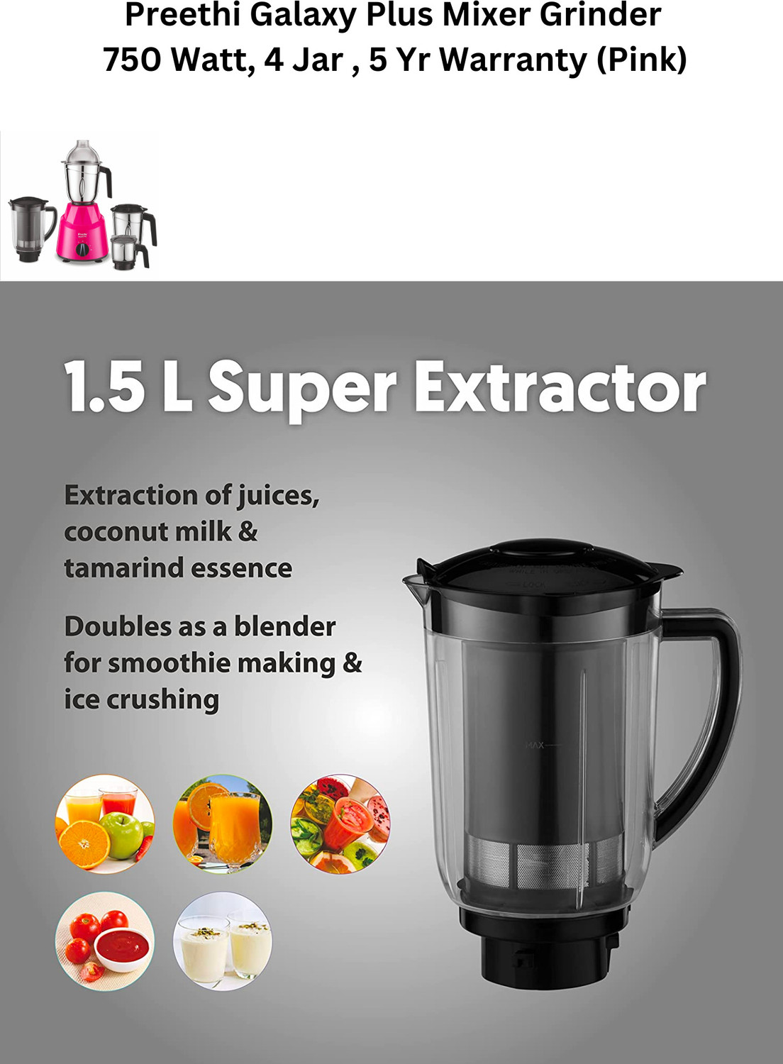 Image of Preethi by PREETHI MG 250 750 W Juicer Mixer Grinder