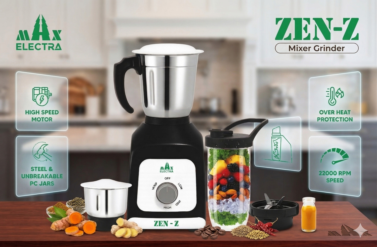 Image of MAX ELECTRA ZEN-Z17 500 W Juicer Mixer Grinder (ZEN-Z-75017 | 3 Jars | Black)