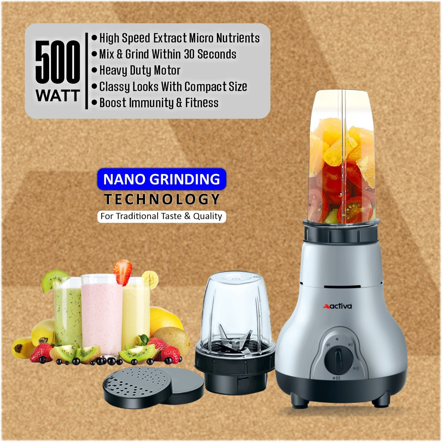 Image of ACTIVA 2 JAR 500 W Juicer Mixer Grinder (NUTRI 500 Watt | 2 Jars | BLACK & GRAY)