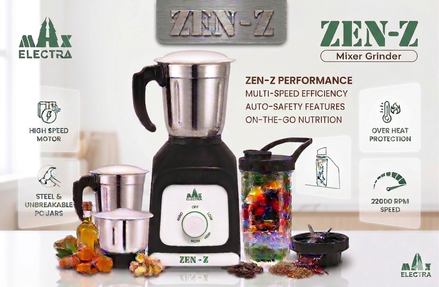 Image of MAX ELECTRA ZEN-Z17 500 W Juicer Mixer Grinder (ZEN-Z-75017 | 3 Jars | Black)