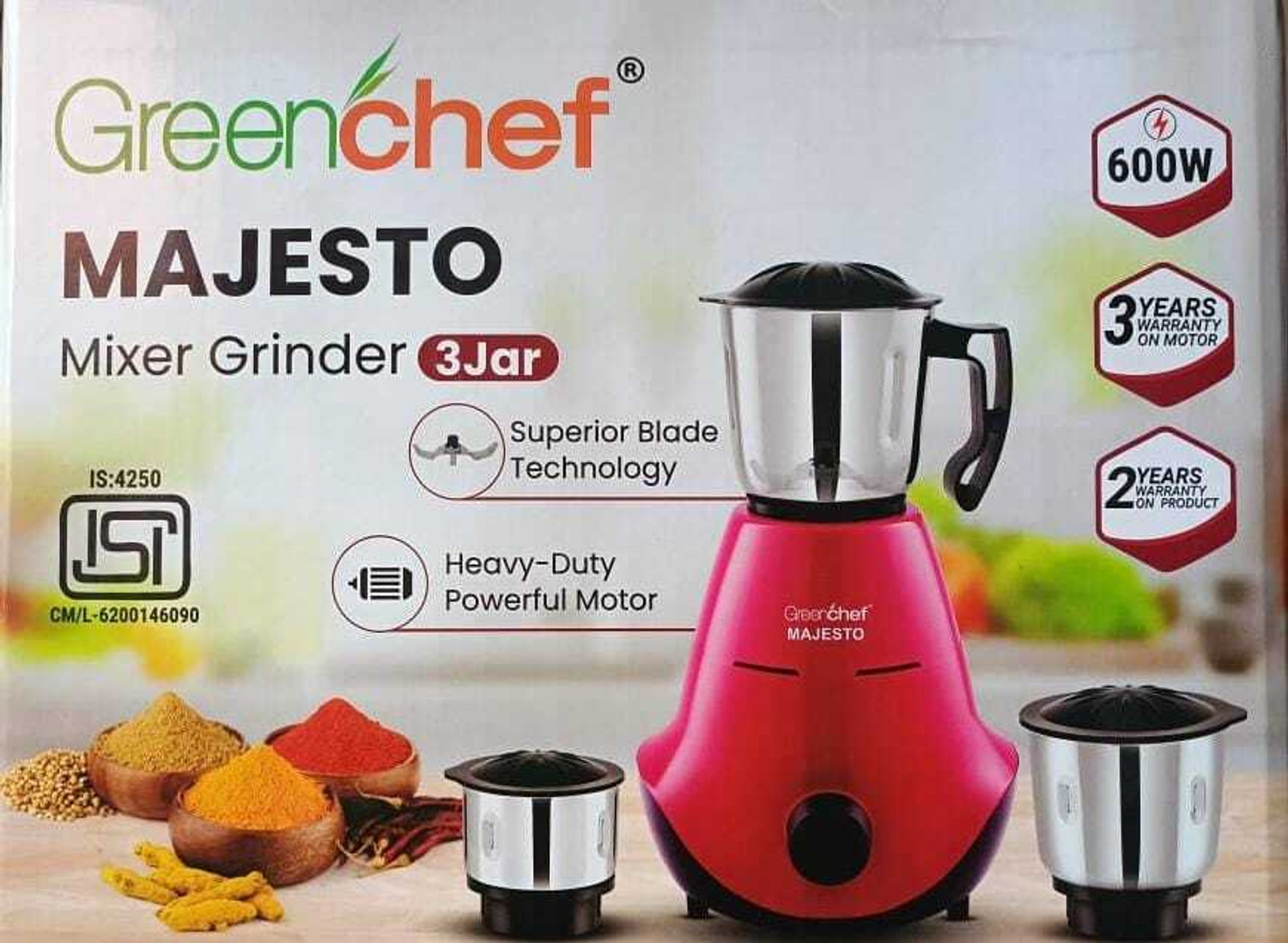 Image of Greenchef Majesto Mixture Grinder 600 W Mixer Grinder (Majesto Mixture Grinder | 3 Jars | Pink & Black)
