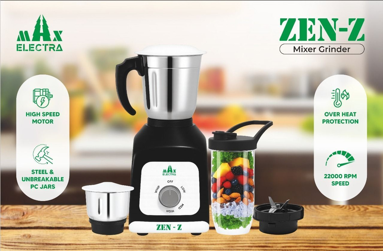 Image of MAX ELECTRA ZEN-Z17 500 W Juicer Mixer Grinder (ZEN-Z-75017 | 3 Jars | Black)