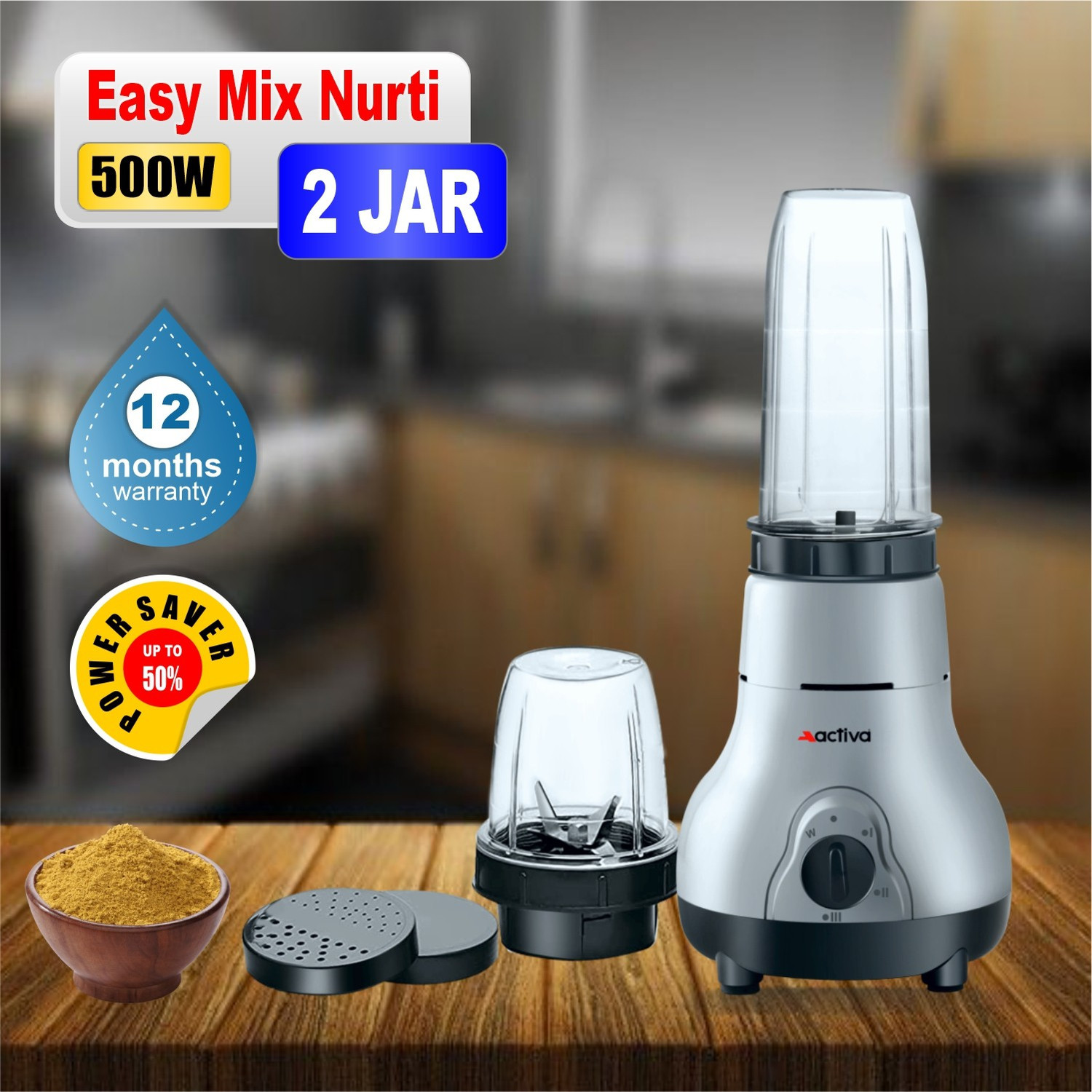 Image of ACTIVA 2 JAR 500 W Juicer Mixer Grinder (NUTRI 500 Watt | 2 Jars | BLACK & GRAY)