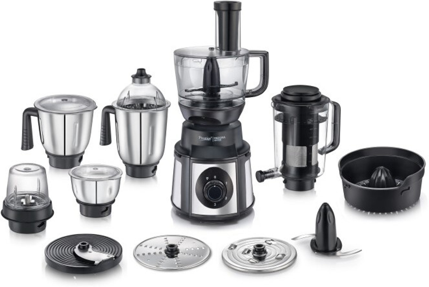 Prestige Endura Pro with Ball Bearing-Multi Functional food processing attachments Watts 1000 Juicer Mixer Grinder (6 Jars, Black, Silver)