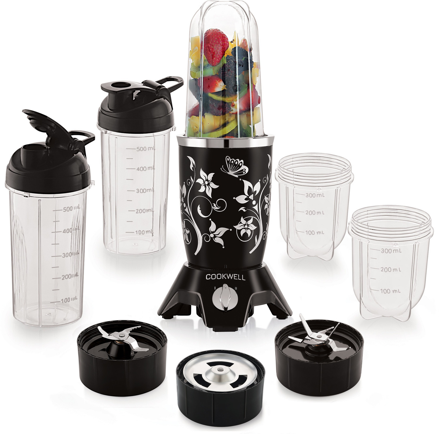 cookwell Push + Knob Bullet 600 Juicer Mixer Grinder (5 Jars, Black Flower)