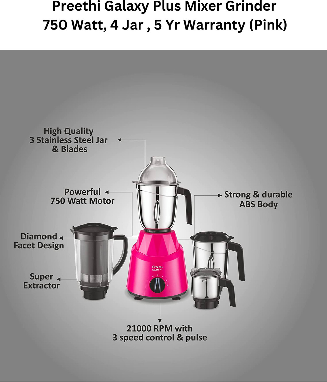 Image of Preethi by PREETHI MG 250 750 W Juicer Mixer Grinder