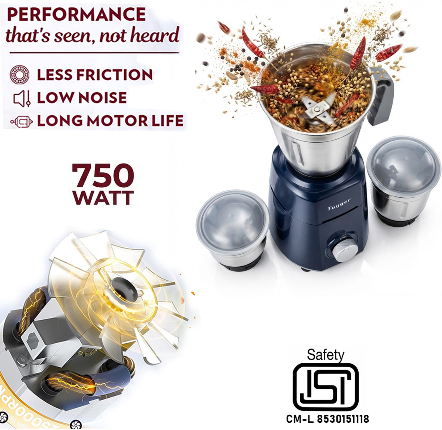 Image of Fogger Powerful Motor 750 W Mixer Grinder (Black And Grey 750 watt | 3 Jars | Grey)