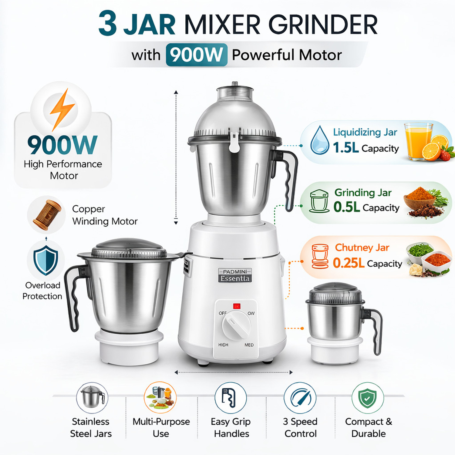 Image of PADMINI DYNA MIX 900 W Juicer Mixer Grinder (MG DYNA MIX 900W | 3 Jars | White)