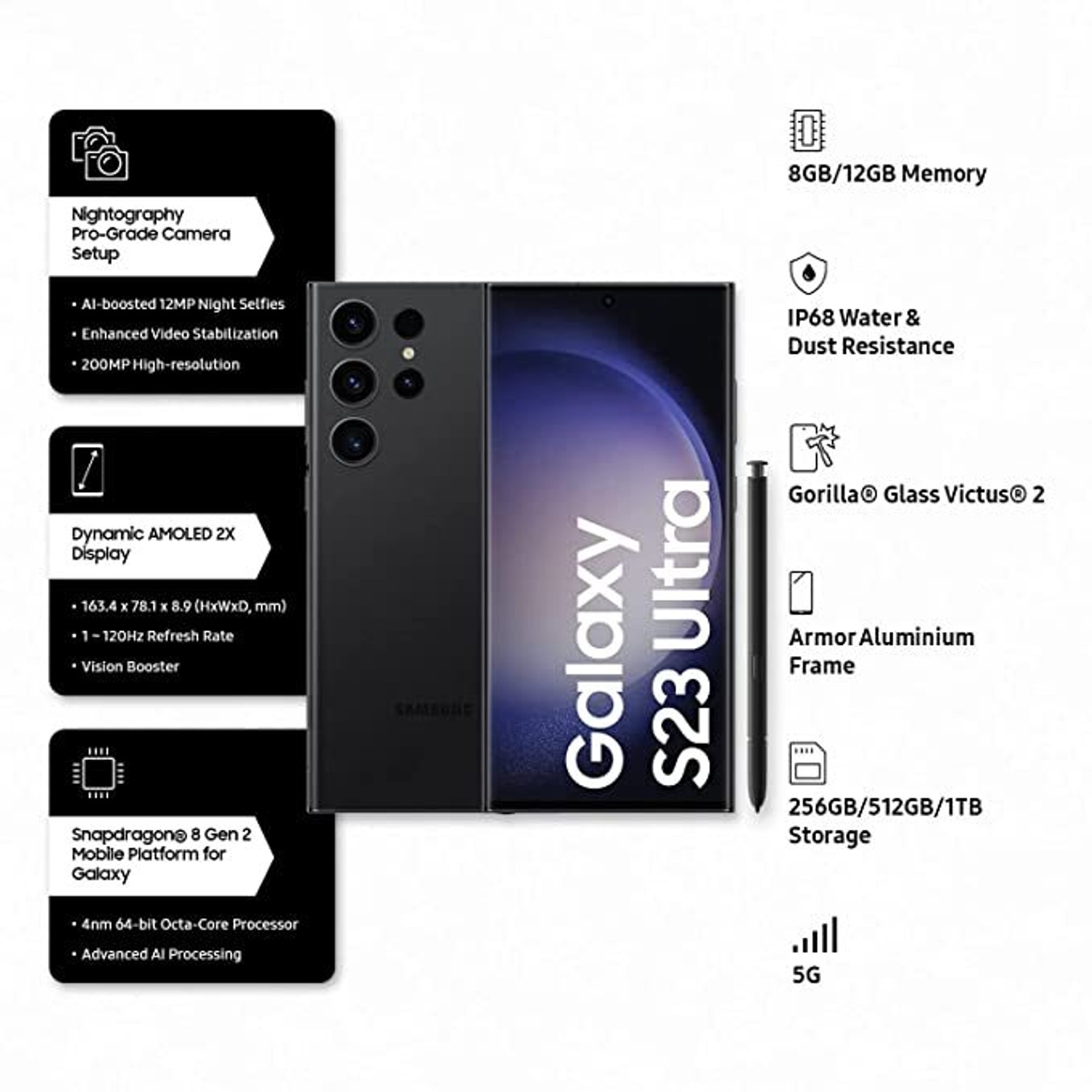 Image of SAMSUNG Galaxy S23 Ultra 5G (Phantom Black, Cream, 512 GB) (12 GB RAM)