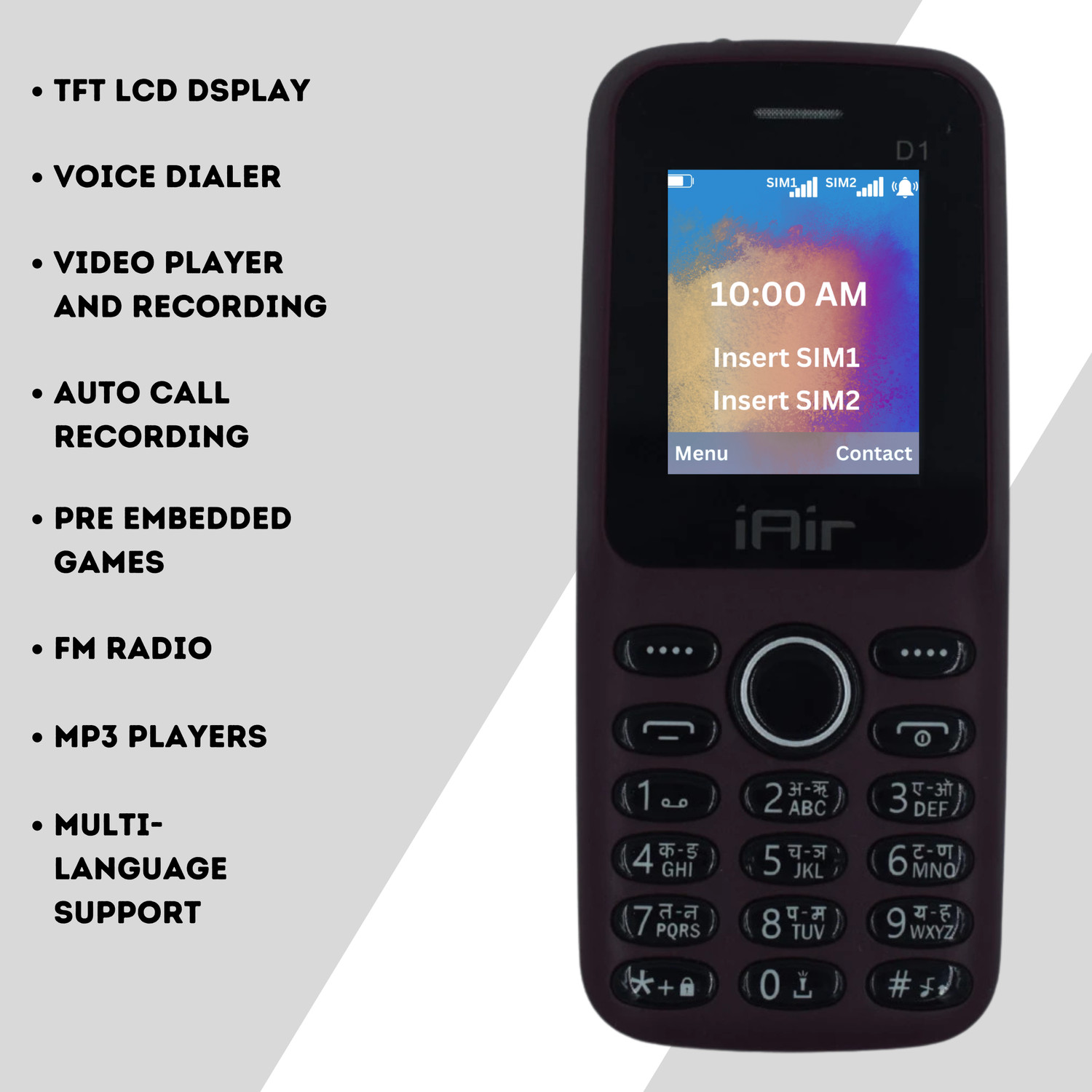 Image of IAIR D1 Dual Sim Keypad Mobile Phone | 1.8 Inch Display, 1200mAh Battery + Call Rec (Baltic Dark Maroon)
