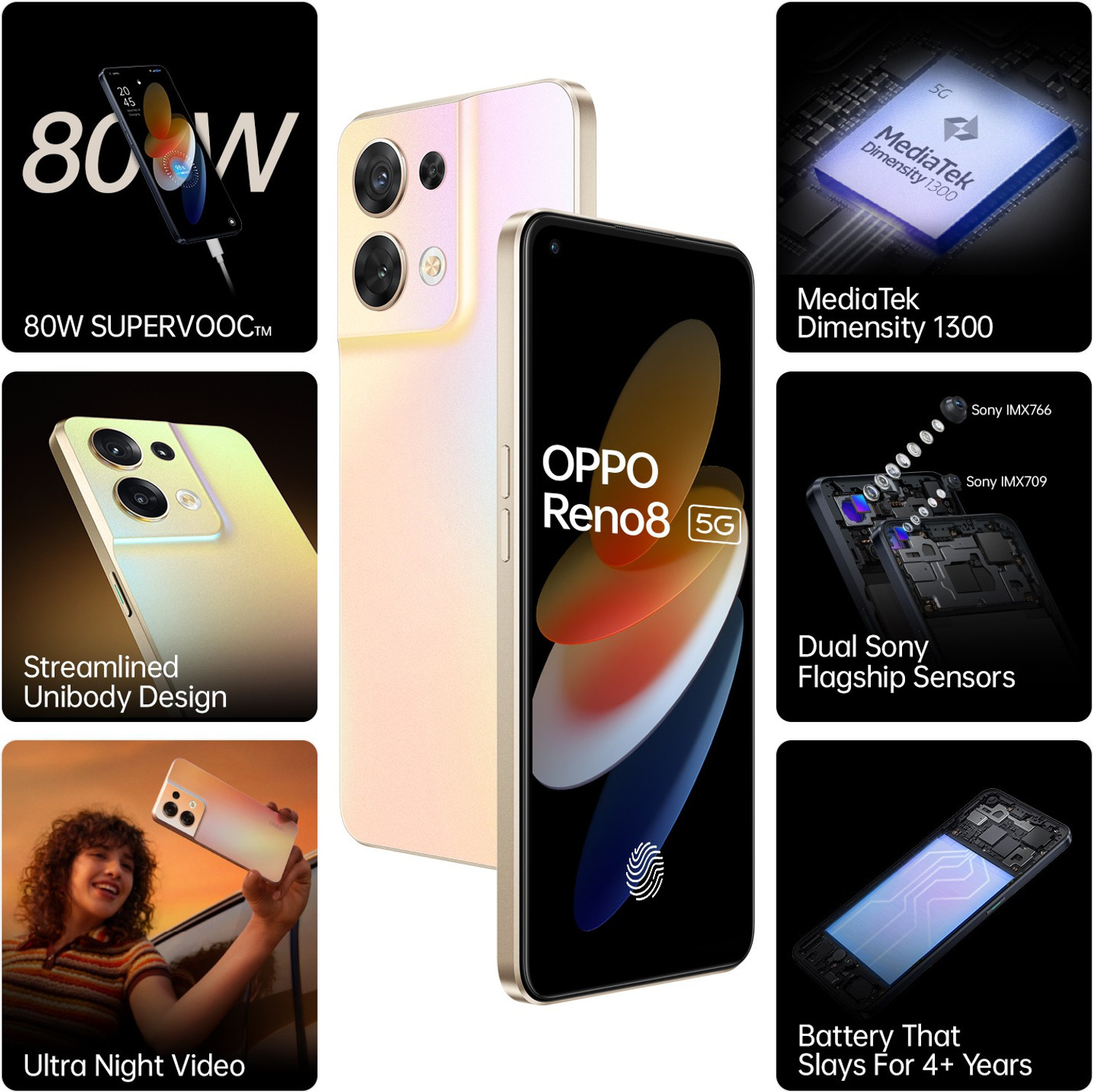 Image of OPPO Reno8 5G (Shimmer Gold, 128 GB)