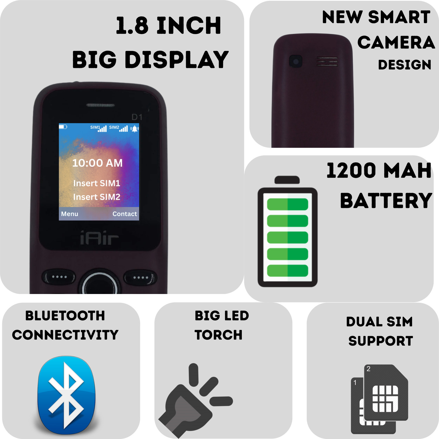 Image of IAIR D1 Dual Sim Keypad Mobile Phone | 1.8 Inch Display, 1200mAh Battery + Call Rec (Baltic Dark Maroon)