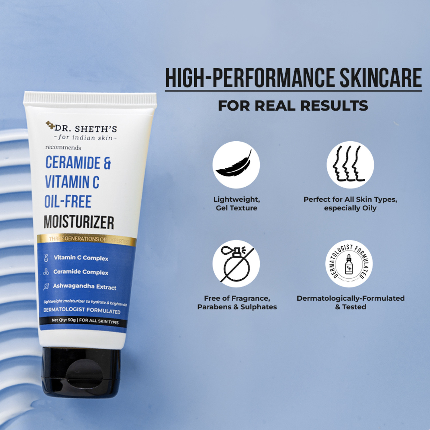 Image of Dr. Sheth's Ceramide & Vitamin C Oil-free Moisturizer | Light Face Cream to Hydrate Skin 50g