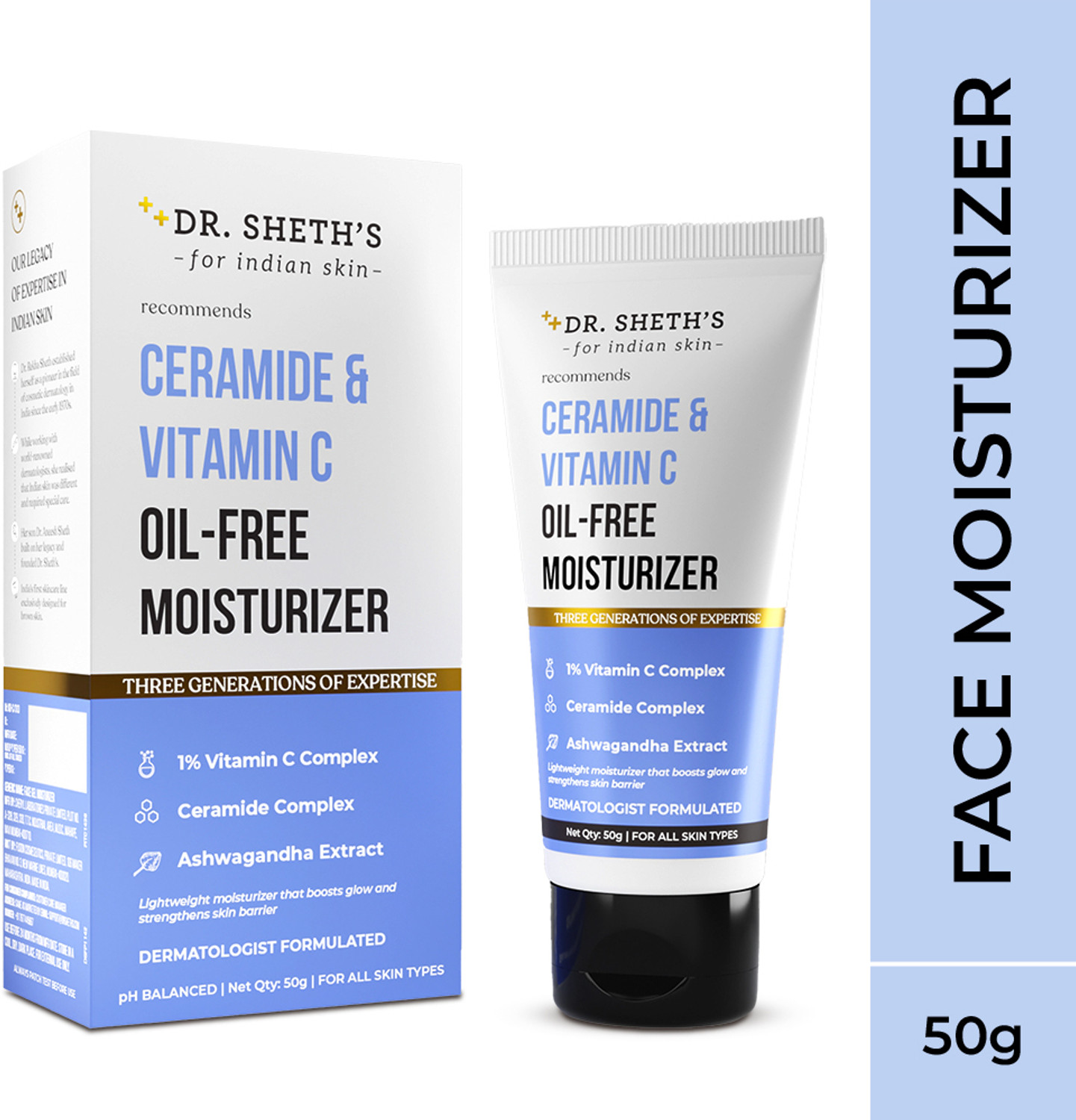 Image of Dr. Sheth's Ceramide & Vitamin C Oil-free Moisturizer | Light Face Cream to Hydrate Skin 50g