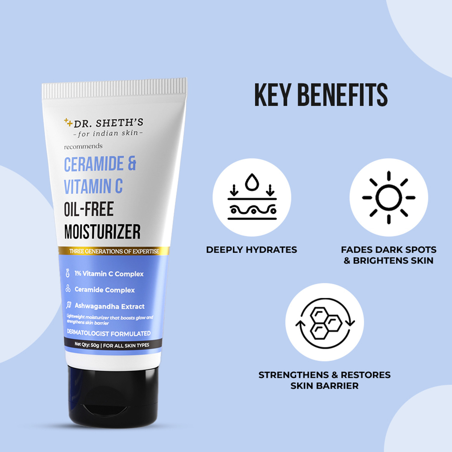 Image of Dr. Sheth's Ceramide & Vitamin C Oil-free Moisturizer | Light Face Cream to Hydrate Skin 50g
