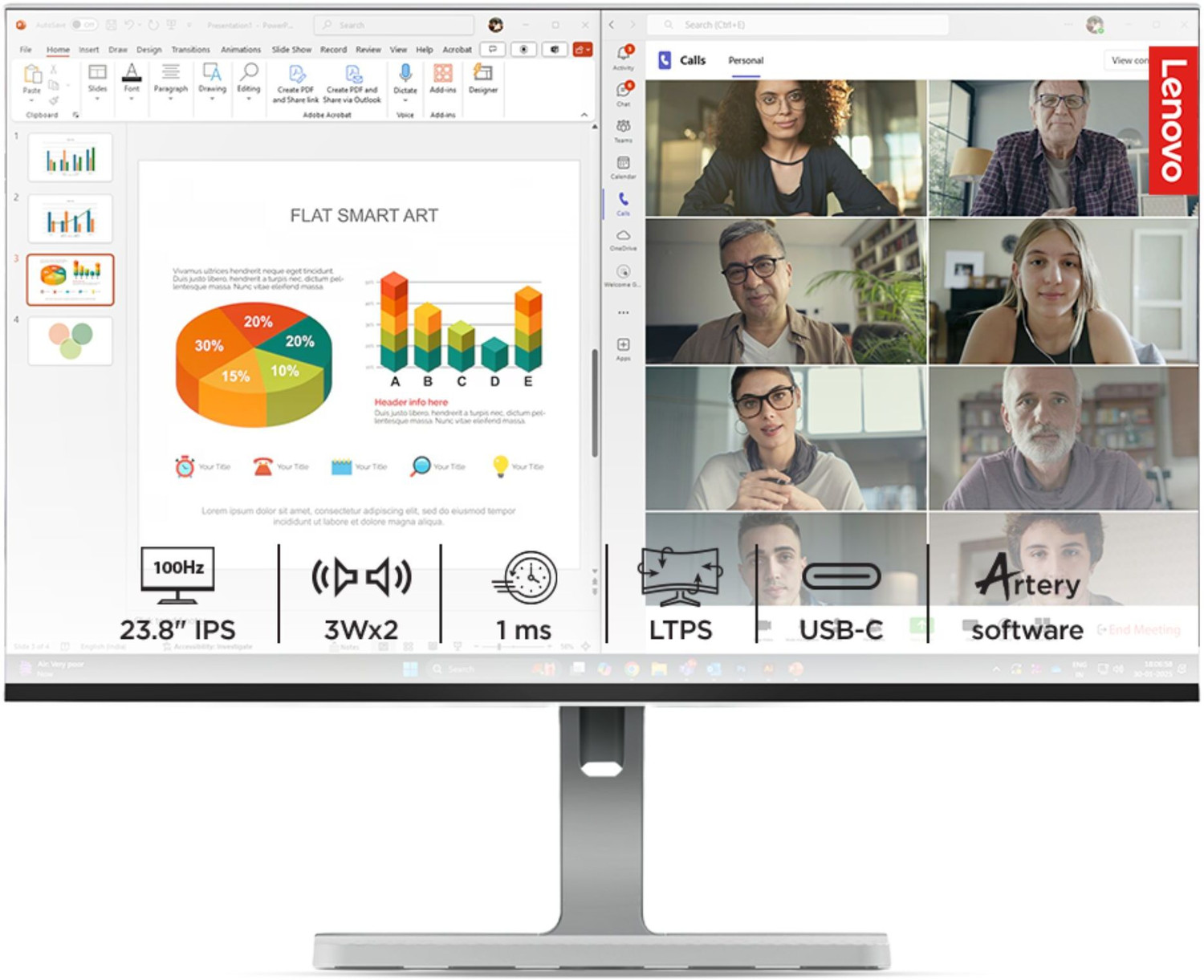 Lenovo L-Series 60.96 cm (24 inch) Full HD LED Backlit IPS Panel with 99% sRGB, 4xUSB-A, 1xUSB Type-C, 1xHDMI 1.4, Tilt/Swivel/Pivot/Height Adjustable...