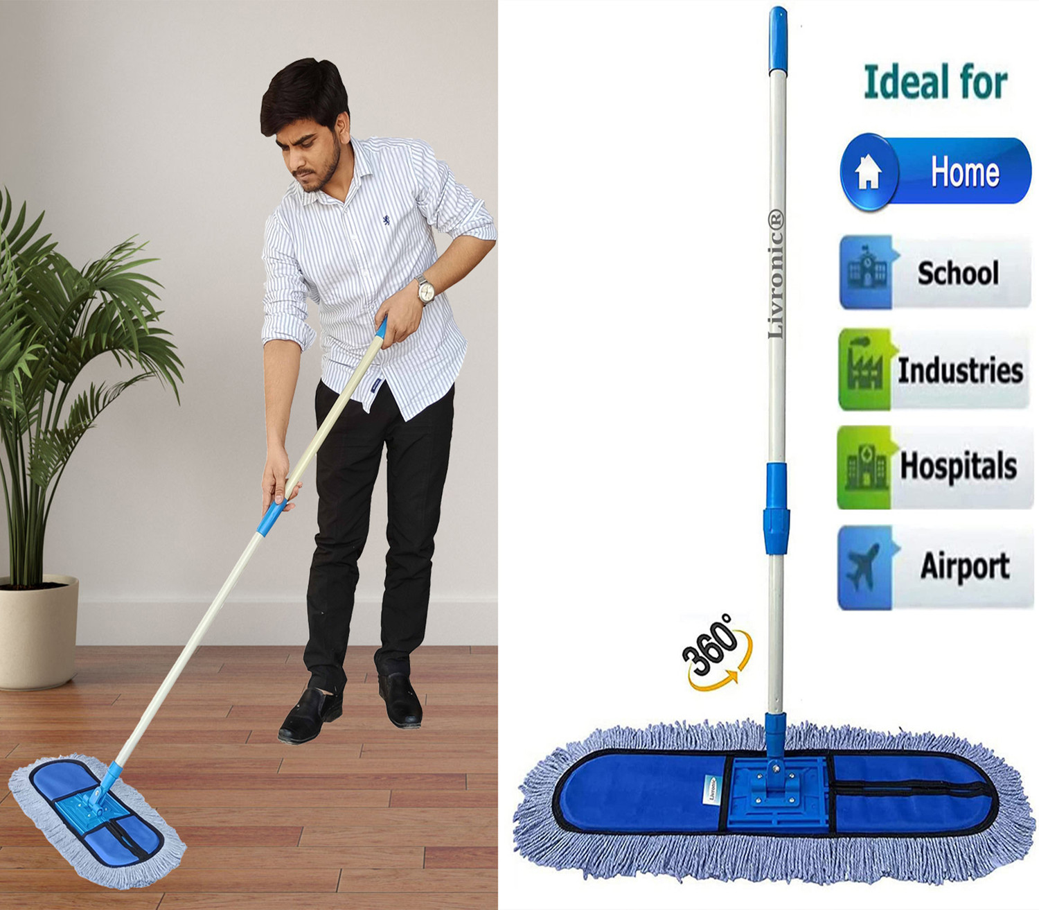 Image of Livronic Plastic Cotton Wet and Dry Floor Mop (18-Inch) with 4 Feet Long Handle Dust Mop (Multicolor)
