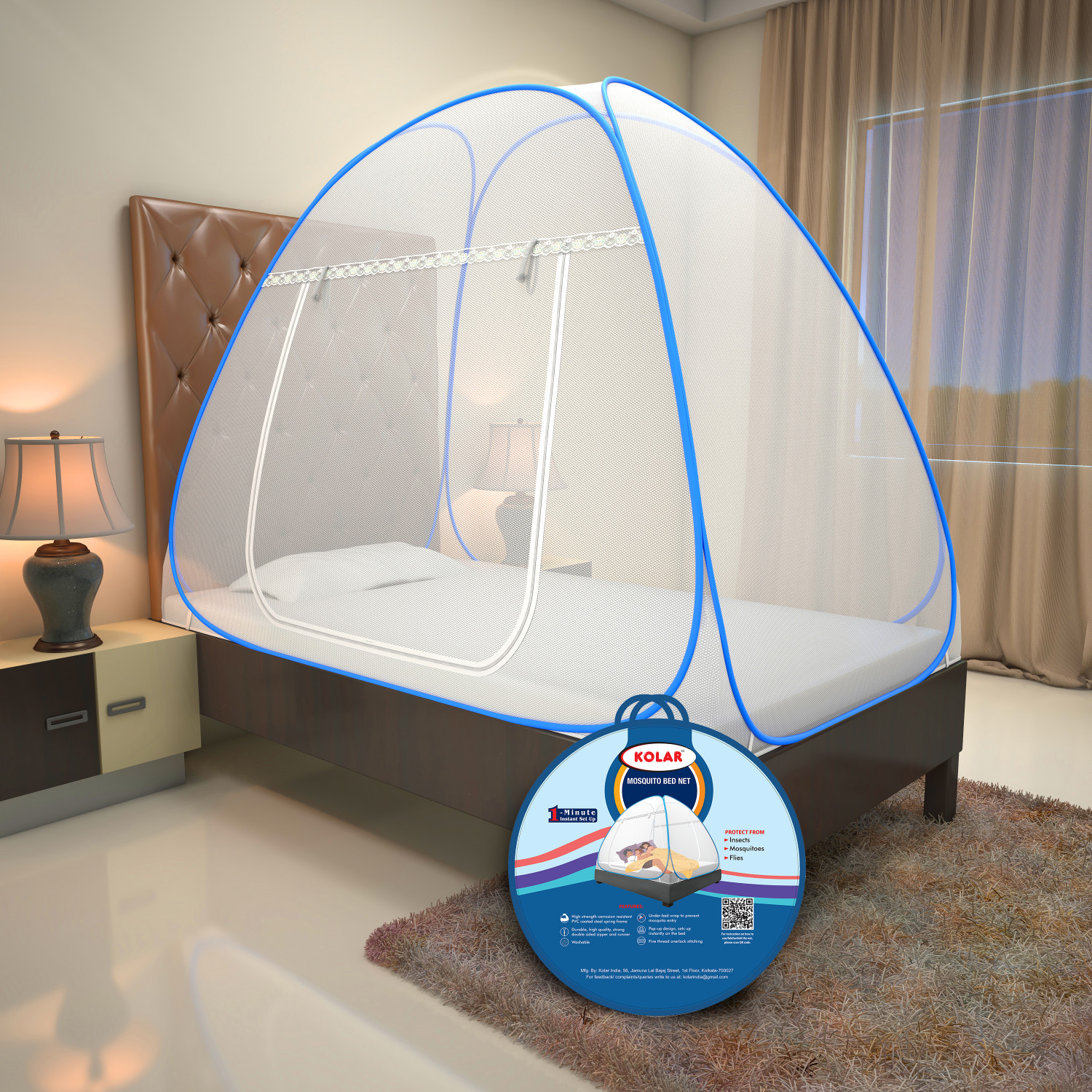 Kolar Polyester Adults Washable Net Single Bed Mosquito Net  (Blue, Tent)