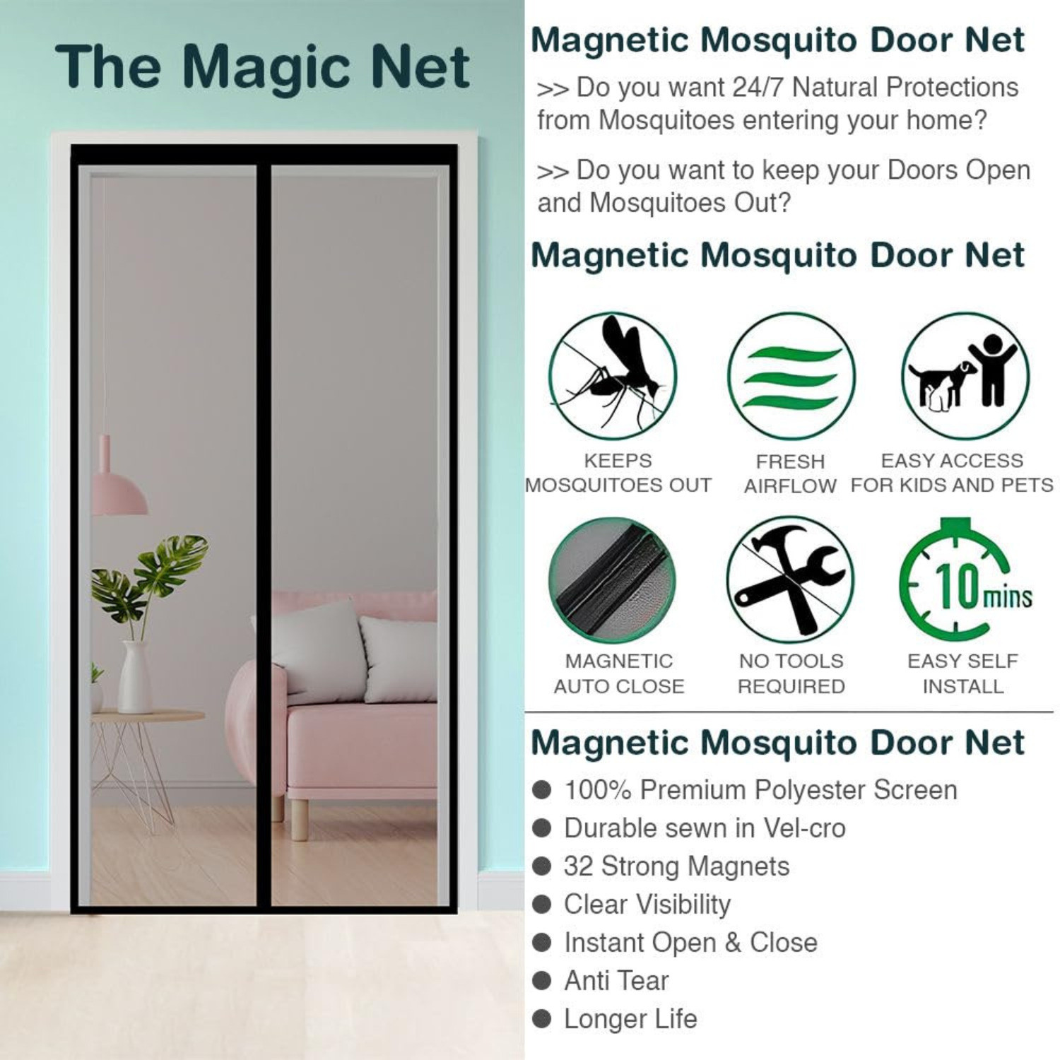 Image of SafeMyles Magnetic Mosquito Net Door - Easy Fit, Breathable & Mosquito Protection Polyester Washable Adults Mosquito Net (Black 210x75cm, Frame Hung)