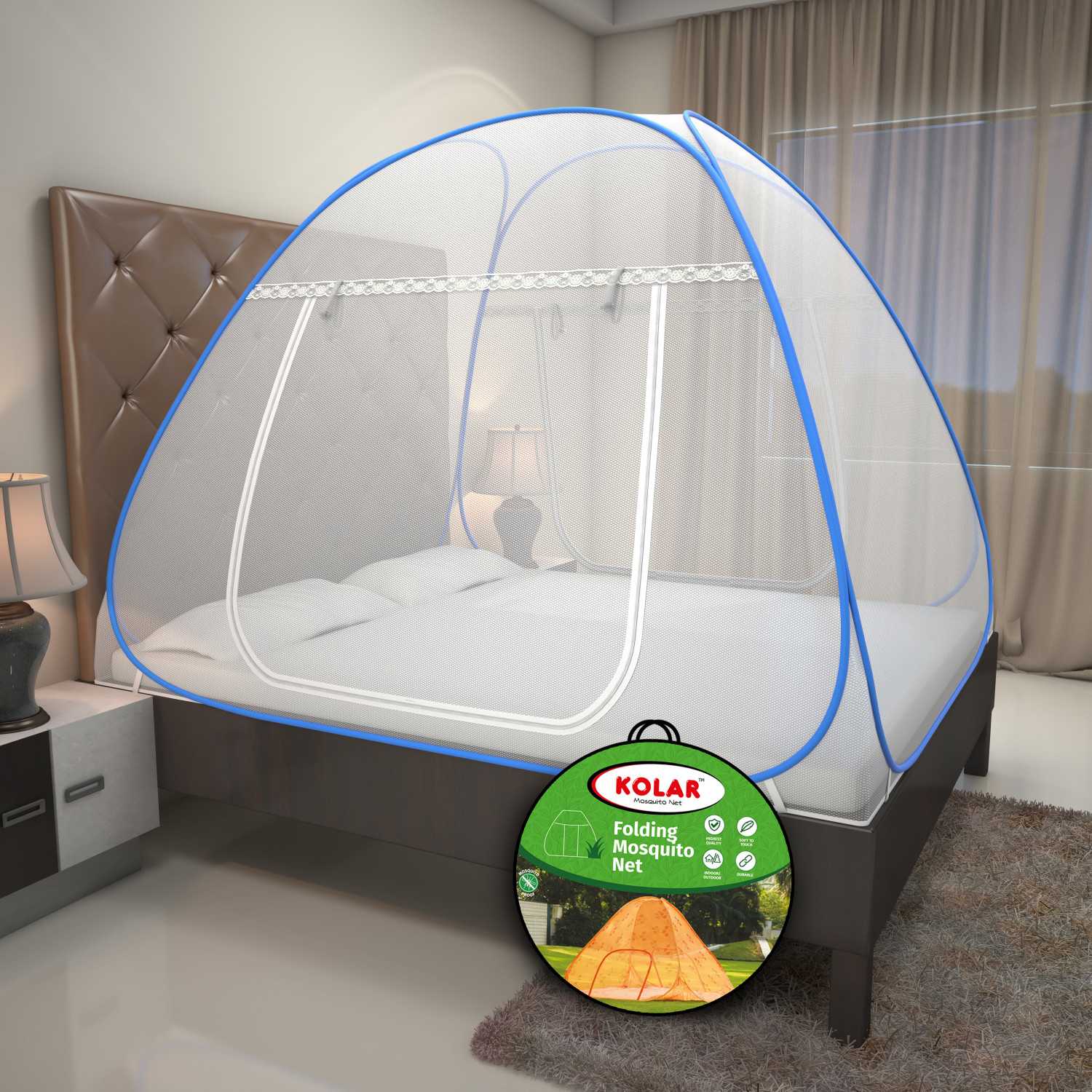 Kolar Polyester Adults Popup Mosquito Net – White & Blue
