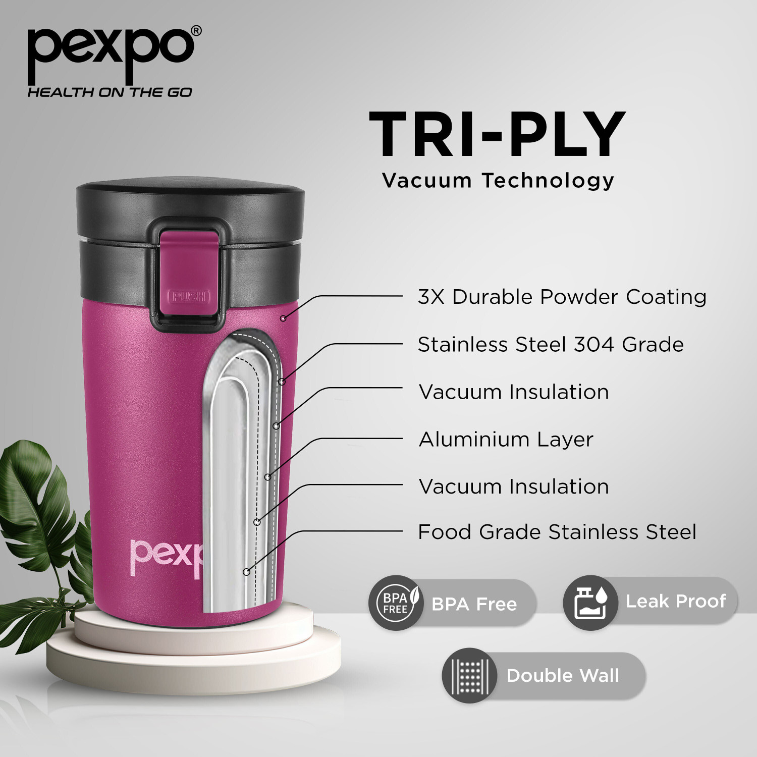 Image of pexpo Cocoa Vacuum Insulated Hot & Cold Spill Proof Stainless Steel Coffee Mug (260 ml)