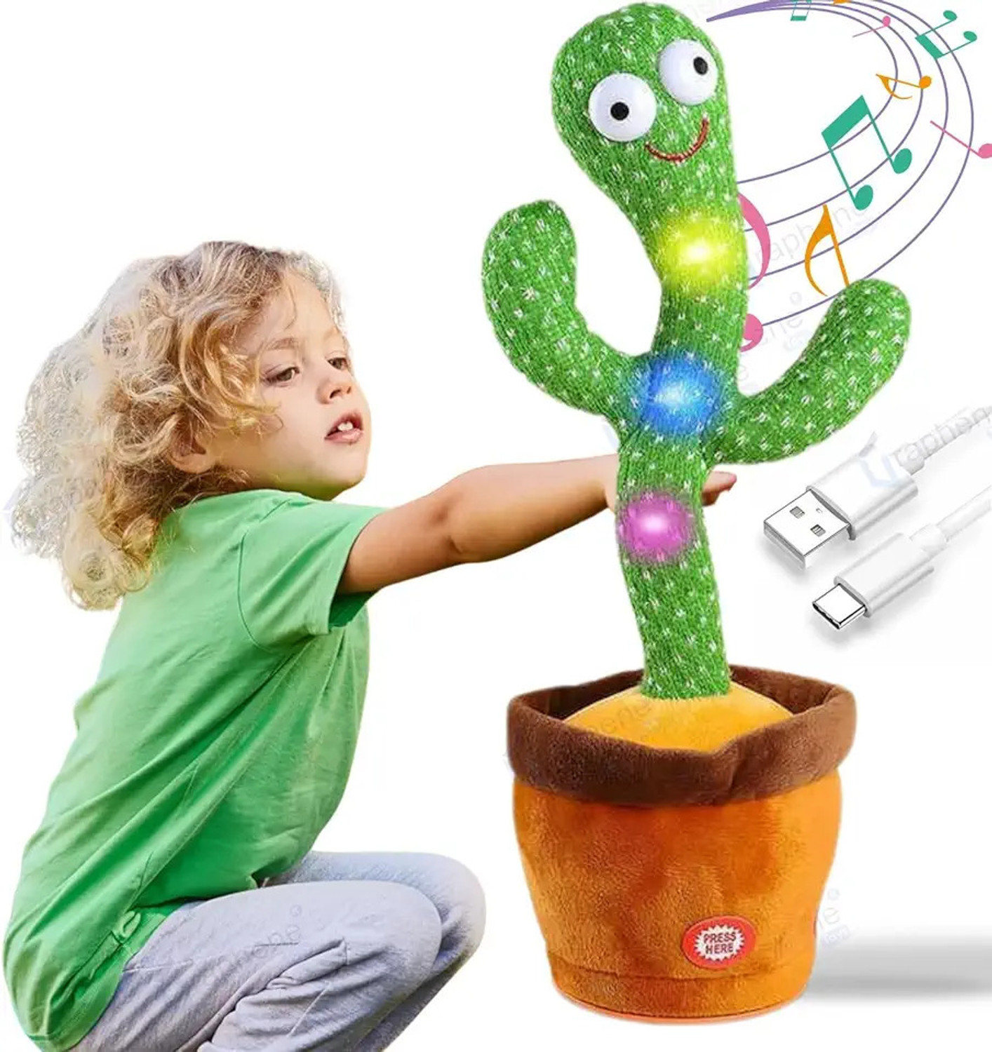 Image of Bapuji Dancing & Singing Cactus with Lighting, Voice Recording & Repeat Words Kids Toy (Green)