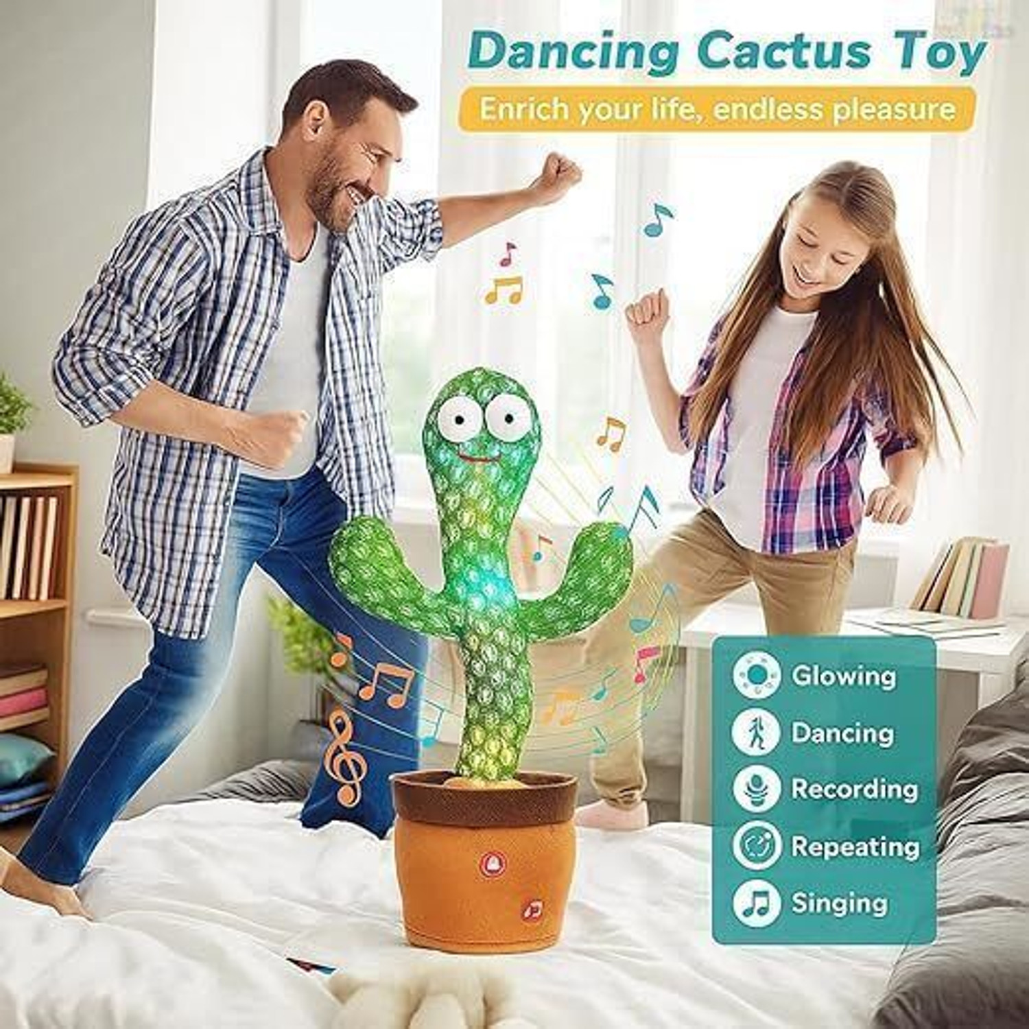 Image of Bapuji Dancing & Singing Cactus with Lighting, Voice Recording & Repeat Words Kids Toy (Green)