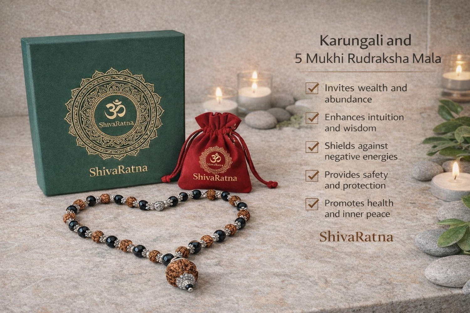 Image of ShivaRatna Original Karungali & Rudraksha Mala | 54 Beads with 5 Mukhi Powerful Pendent Rudraksha Necklace