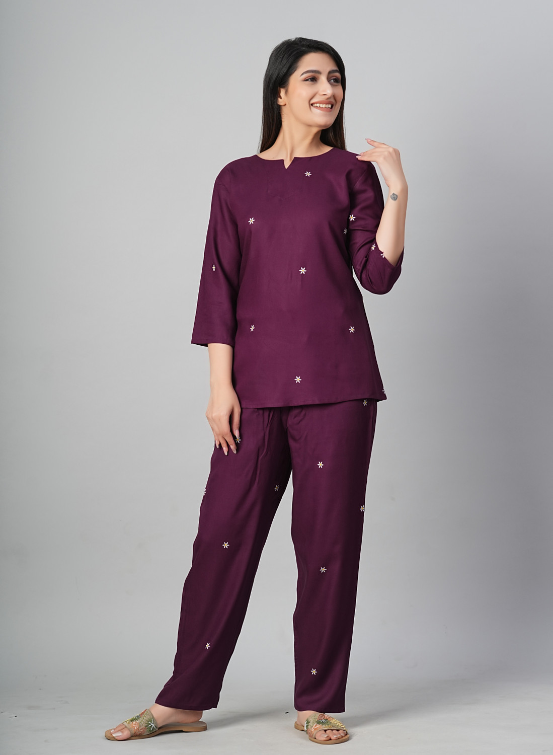 Image of NAMASYA Women Night Suit Set Maroon Printed