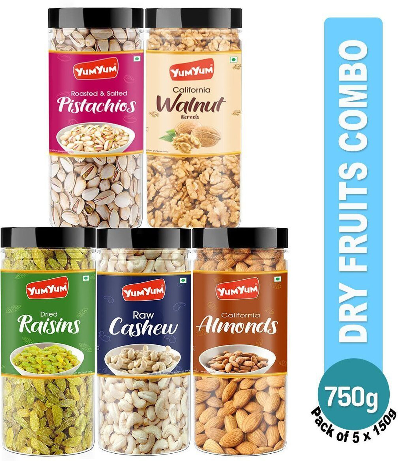 YUM YUM Dry fruits combo pack of 5 Healthy Badam, Kaju, Pista, Kishmish & Akhrot 750g - Almonds, Cashews, Pistachios, Raisins, Walnuts