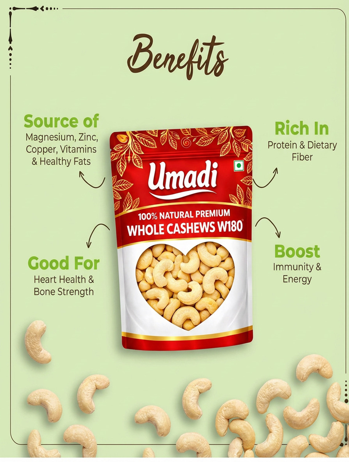 Image of UMADI 100% Natural Premium Whole Cashews W180 Cashews (1 x 100 g)