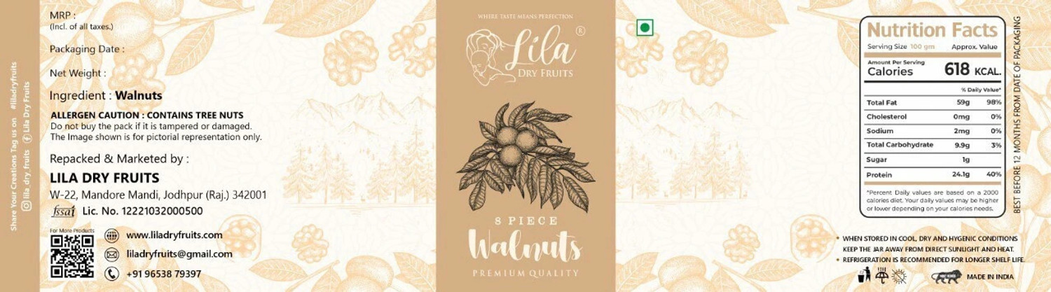 Image of lila dry fruits 100% Natural Raw Walnut Kernels 8pcs Jar Pack , Premium Akrot Giri| Walnuts (1 x 1000 g)