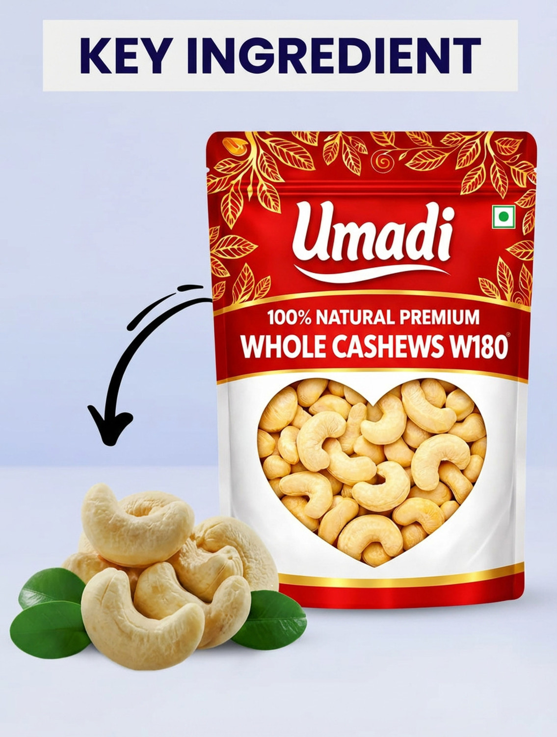 Image of UMADI 100% Natural Premium Whole Cashews W180 Cashews (1 x 100 g)