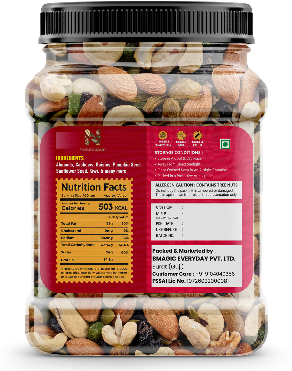 Image of NatureSpun Healthy Nutmix 500g | Almonds, Cashews, Raisins, Dates, Amla, Apricots, Assorted Seeds & Nuts (1 x 500 g)