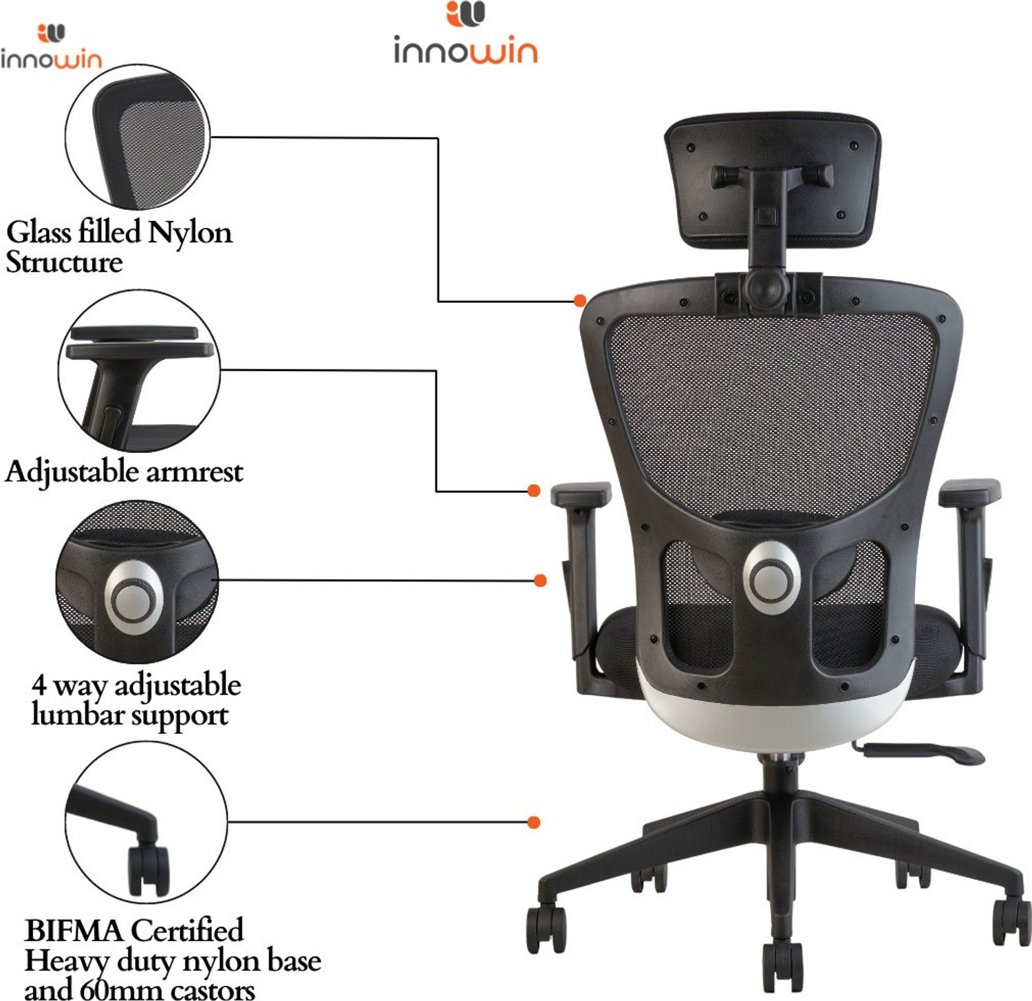 Image of INNOWIN Jazz Legend High Back Ergonomic office chair with 4 way adjustable Headrest Mesh Office Adjustable Arm Chair