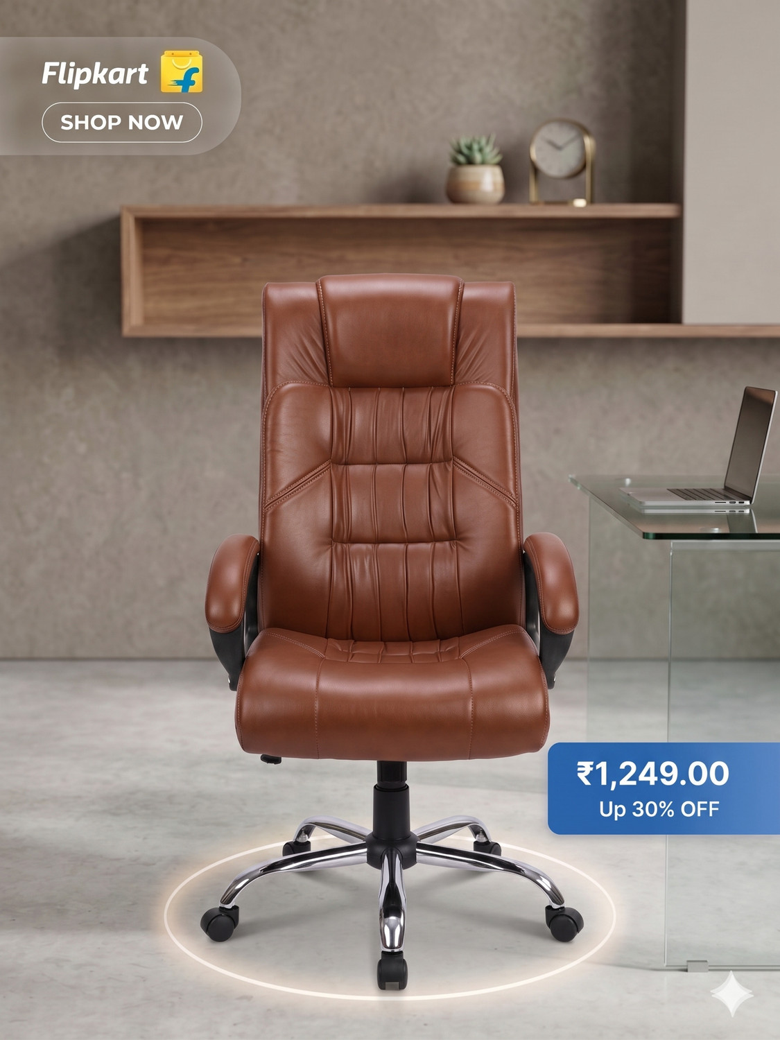 Image of AASHRA ENTERPRISES E.A Elegant Z-91 Dubble Cushion High Back the Black Boss Leatherette Office Arm Chair (Brown, Optional Installation Available)