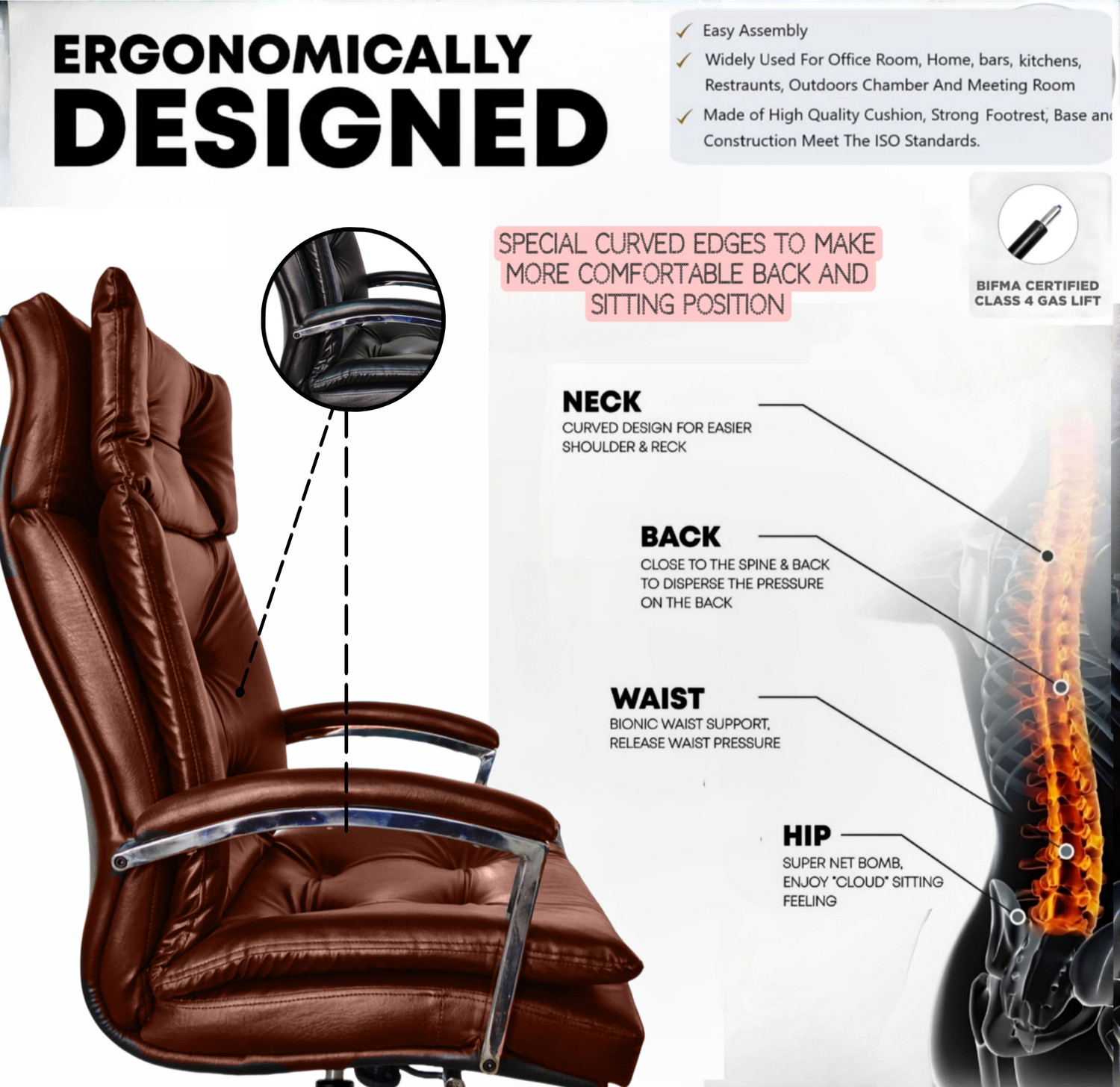 Image of AASHRA ENTERPRISES E.A Elegant Z-91 Dubble Cushion High Back the Black Boss Leatherette Office Arm Chair (Brown, Optional Installation Available)