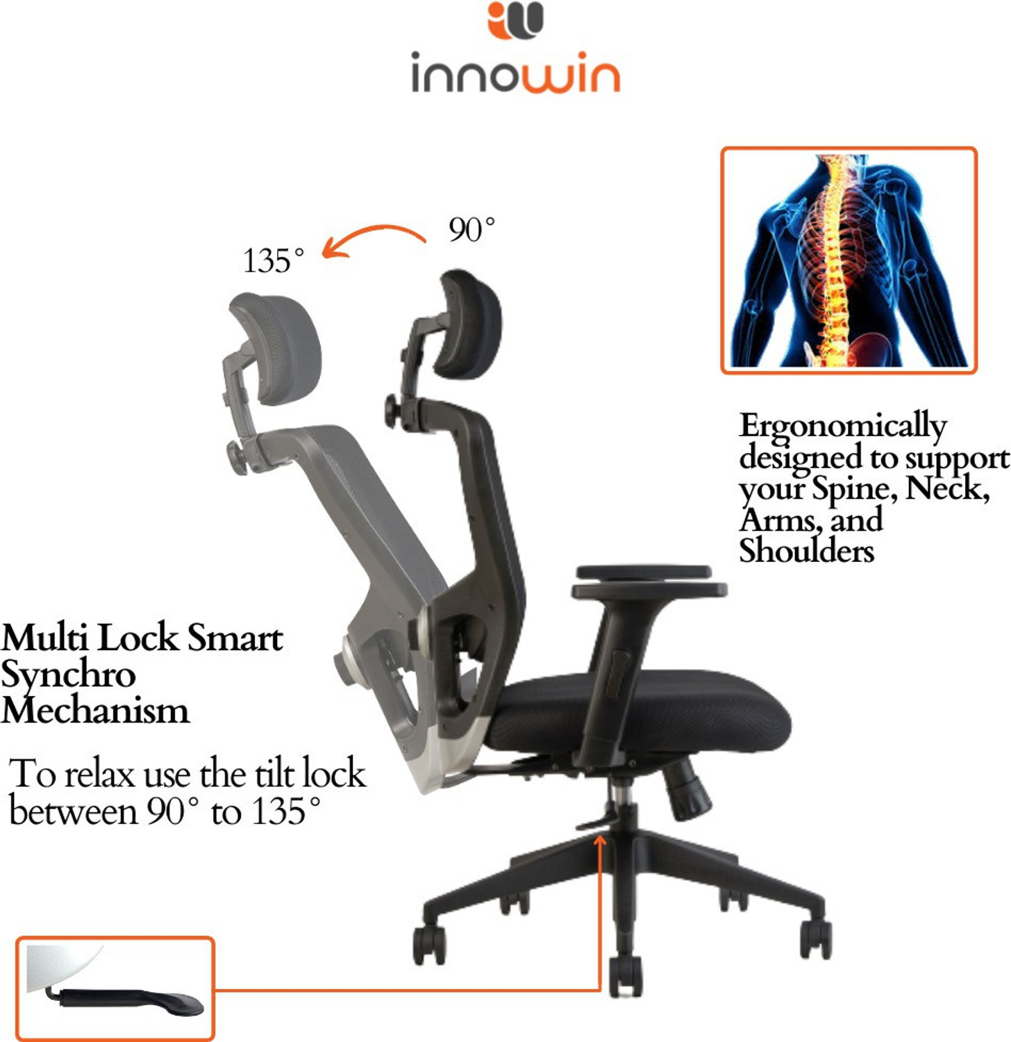 Image of INNOWIN Jazz Legend High Back Ergonomic office chair with 4 way adjustable Headrest Mesh Office Adjustable Arm Chair