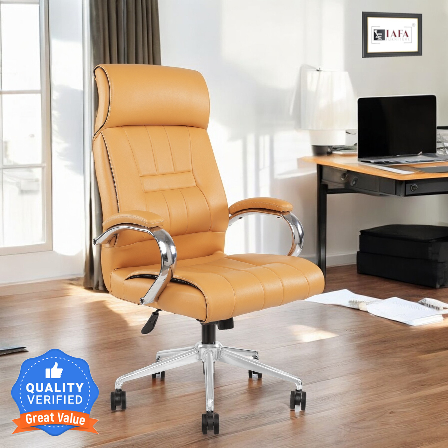 Image of AASHRA ENTERPRISES E.A Elegant Z-91 Dubble Cushion High Back the Black Boss Leatherette Office Arm Chair (Brown, Optional Installation Available)