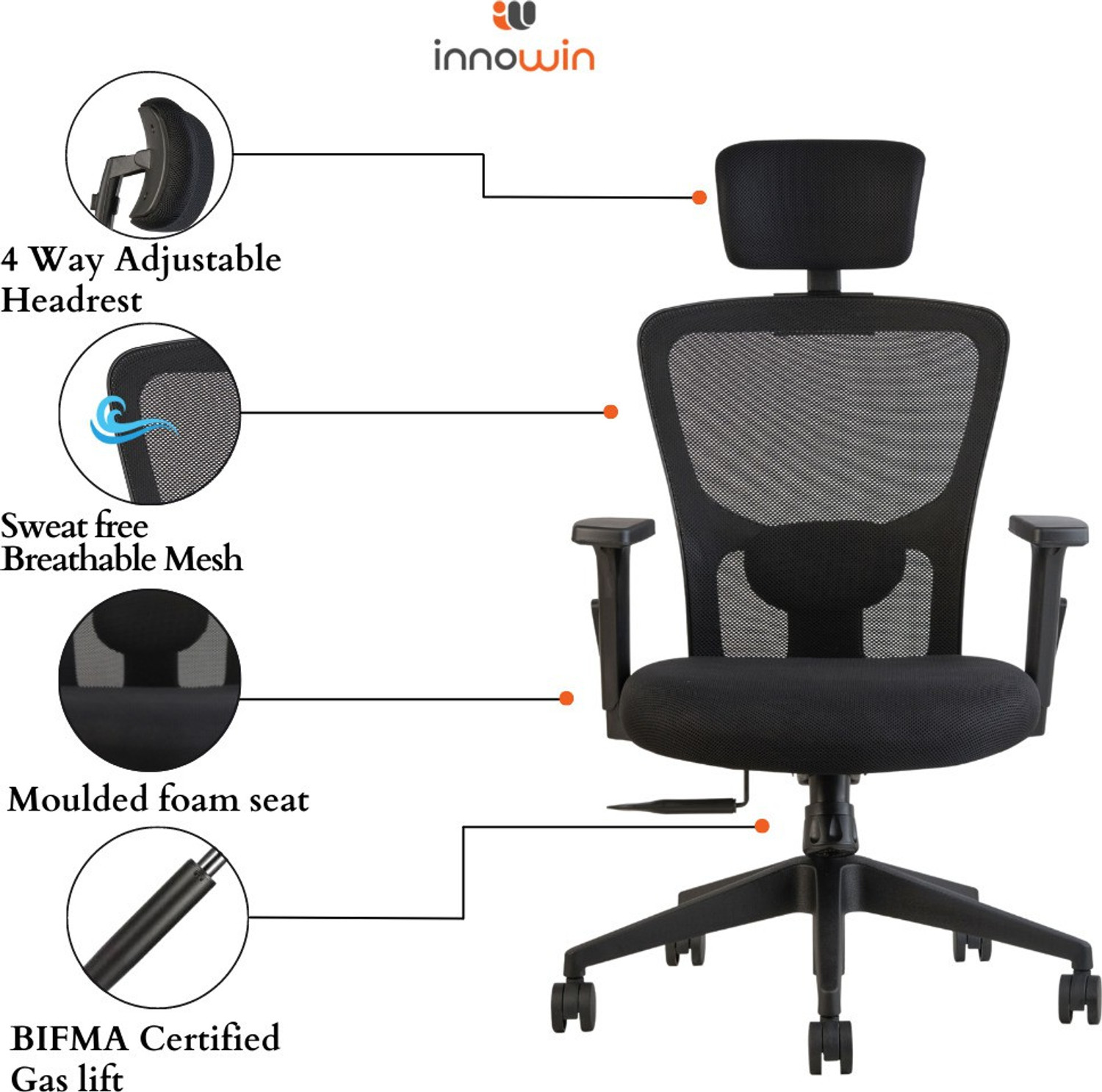 Image of INNOWIN Jazz Legend High Back Ergonomic office chair with 4 way adjustable Headrest Mesh Office Adjustable Arm Chair