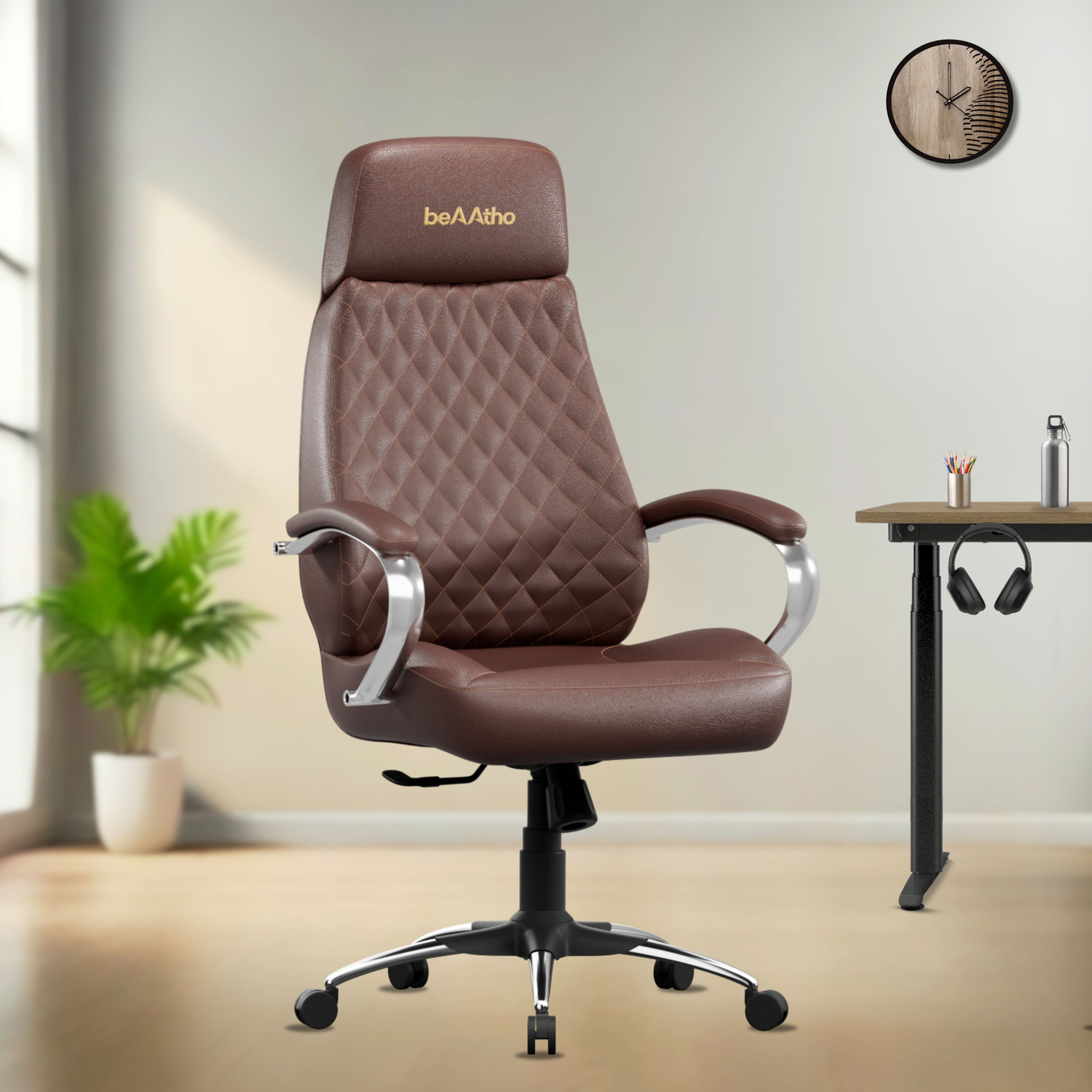 Image of AASHRA ENTERPRISES E.A Elegant Z-91 Dubble Cushion High Back the Black Boss Leatherette Office Arm Chair (Brown, Optional Installation Available)