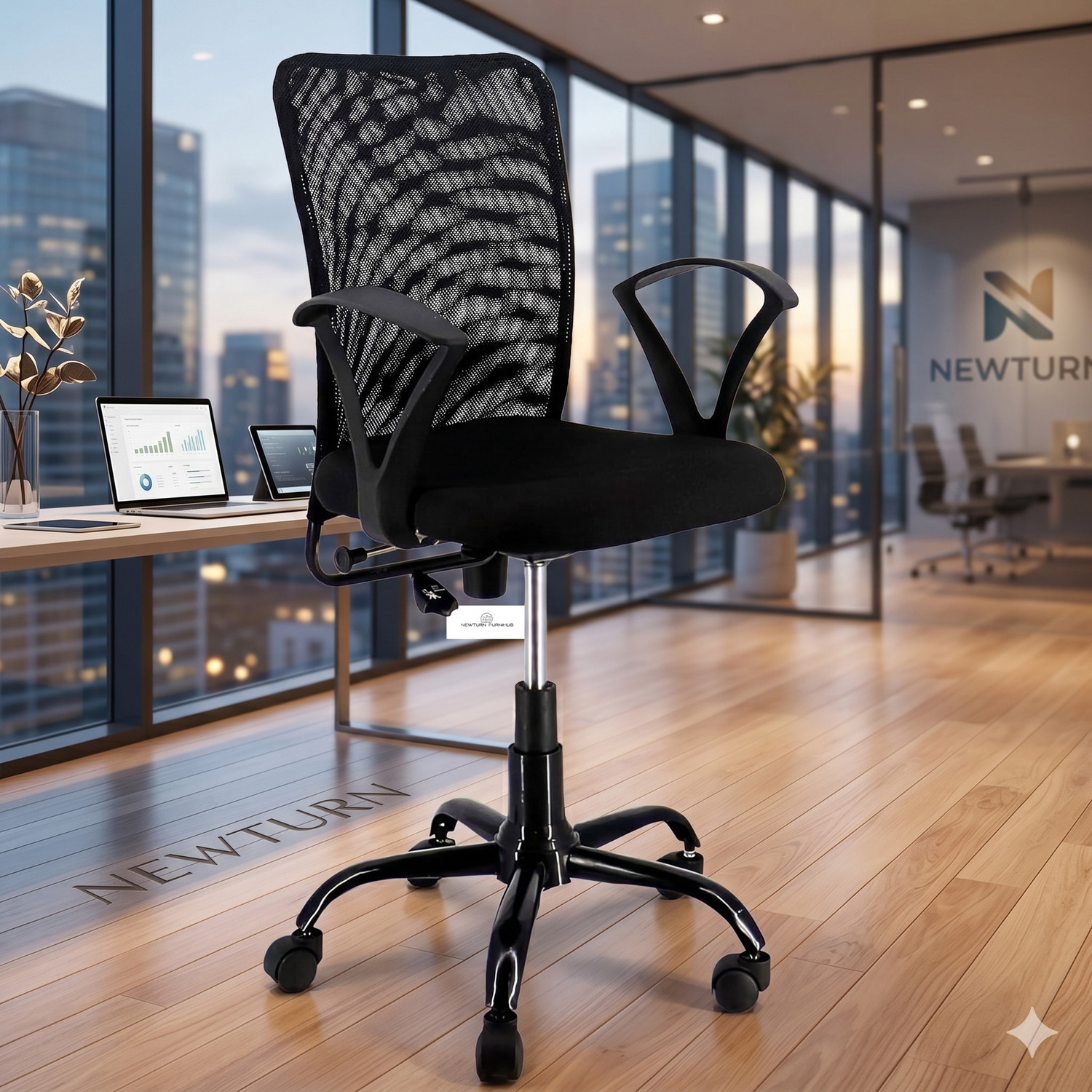 Newturn Sigma Heavy Duty Metal Stand Ergonomic Push Mechanism Synthetic Fiber Office Adjustable Arm Chair