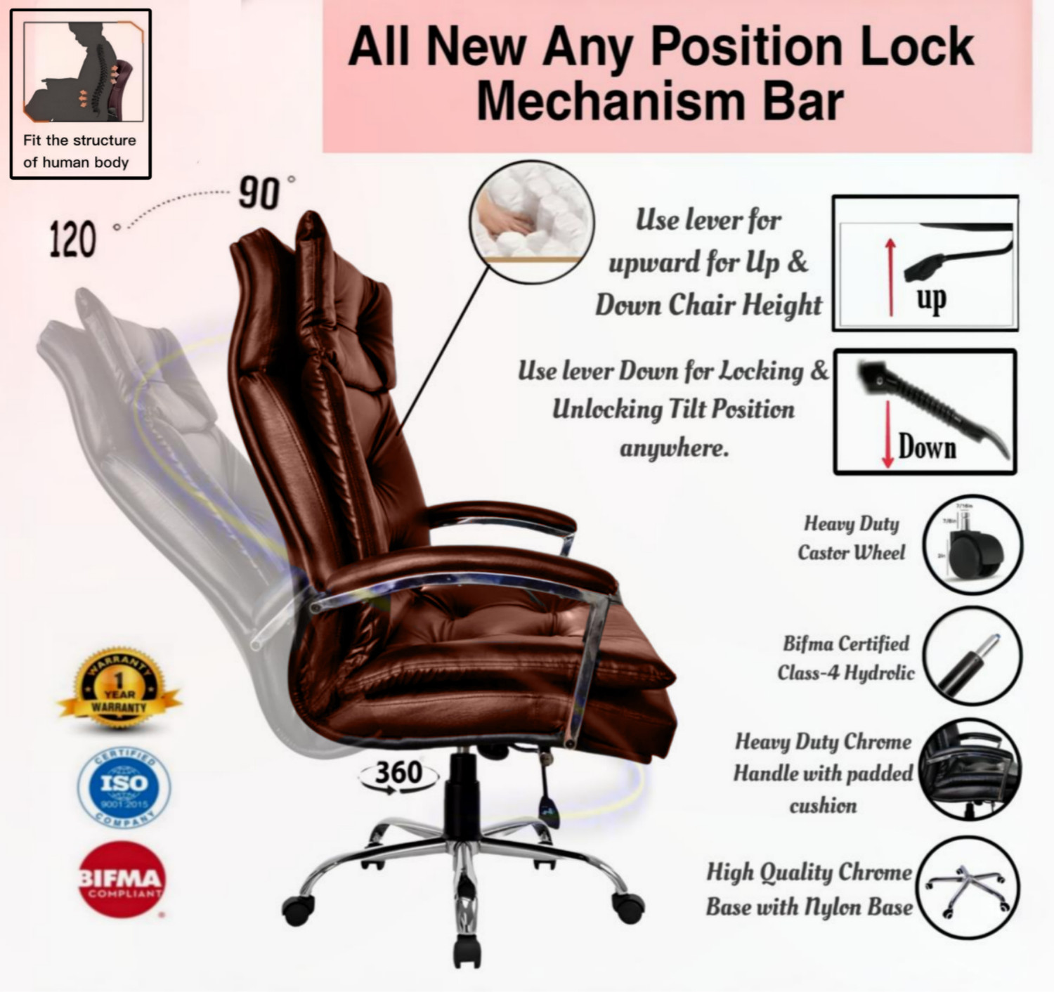 Image of AASHRA ENTERPRISES E.A Elegant Z-91 Dubble Cushion High Back the Black Boss Leatherette Office Arm Chair (Brown, Optional Installation Available)