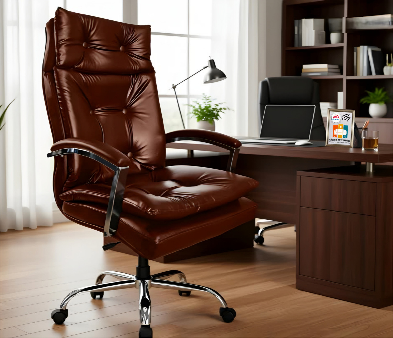 Image of AASHRA ENTERPRISES E.A Elegant Z-91 Dubble Cushion High Back the Black Boss Leatherette Office Arm Chair (Brown, Optional Installation Available)