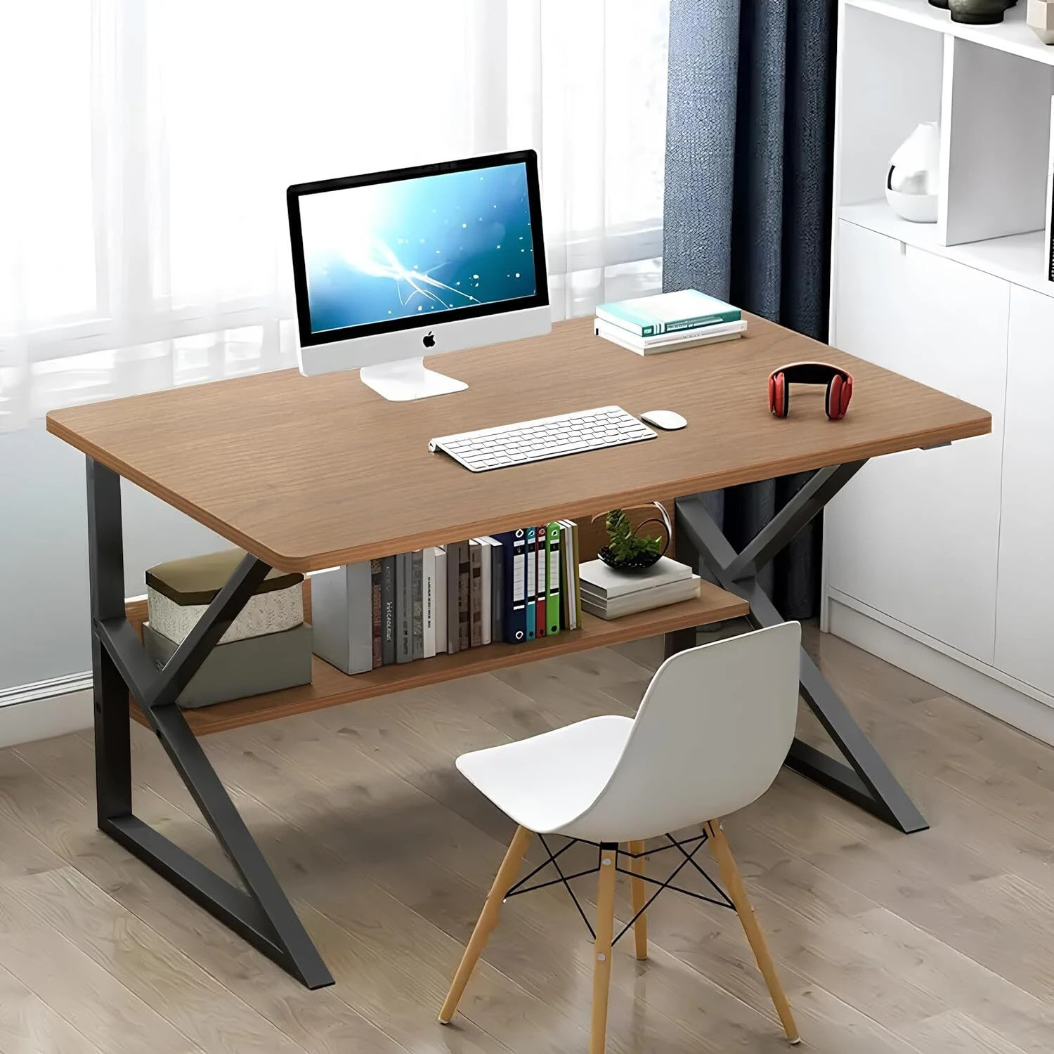 Image of Dumos Computer Desk with Metal Frame | Study & Office Table for Home Engineered Wood Office Table (Free Standing, Finish Color - Premium Brown, DIY(Do-It-Yourself))