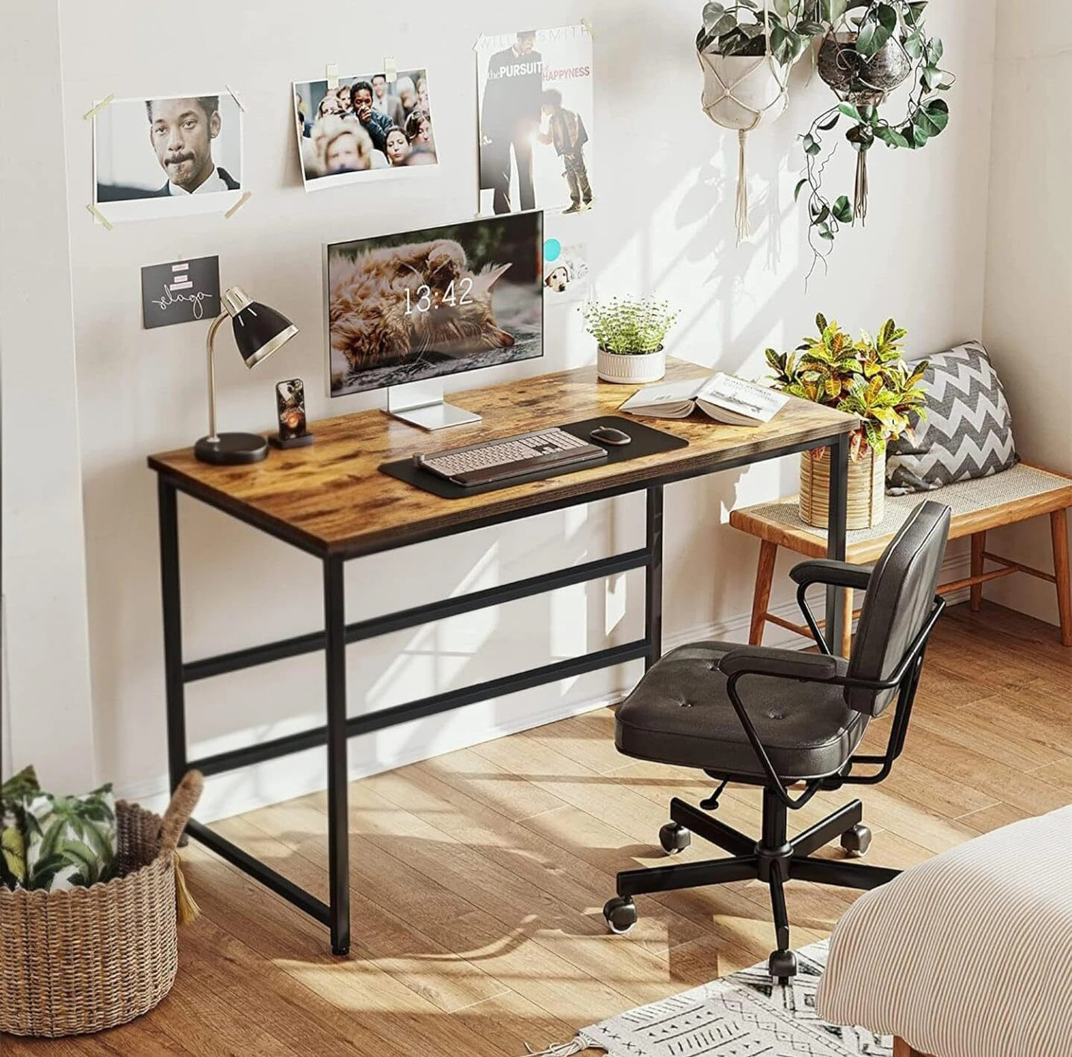 Image of Dumos Computer Desk with Metal Frame | Study & Office Table for Home Engineered Wood Office Table (Free Standing, Finish Color - Premium Brown, DIY(Do-It-Yourself))