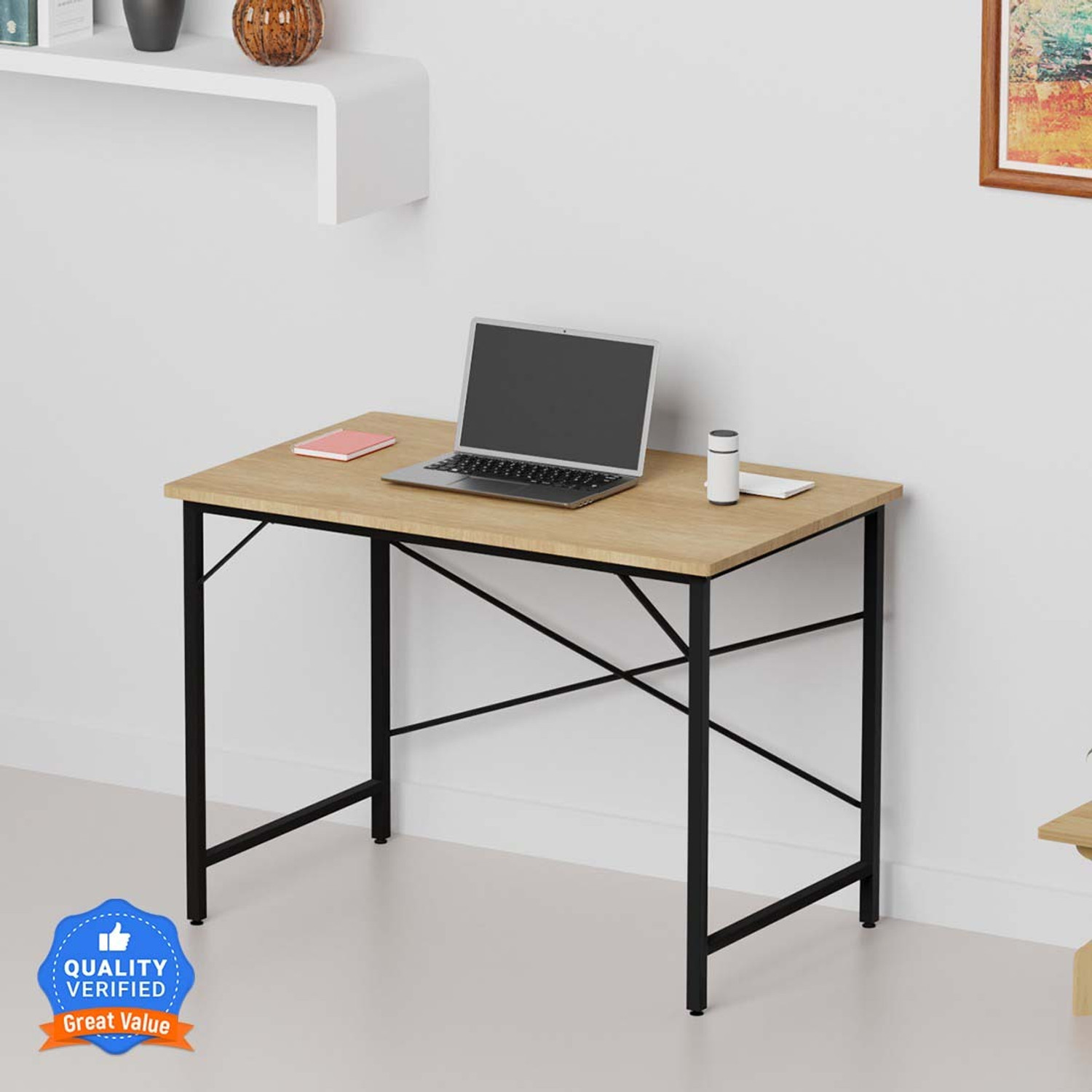 Image of Dumos Computer Desk with Metal Frame | Study & Office Table for Home Engineered Wood Office Table (Free Standing, Finish Color - Premium Brown, DIY(Do-It-Yourself))