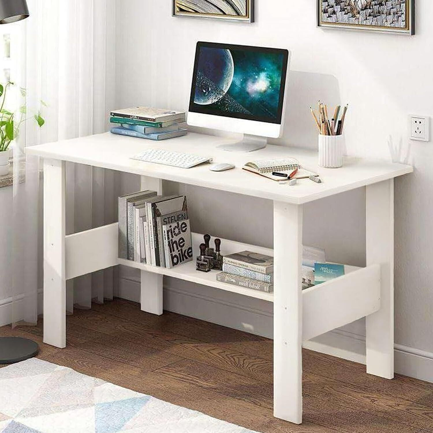 Image of Dumos Computer Desk with Metal Frame | Study & Office Table for Home Engineered Wood Office Table (Free Standing, Finish Color - Premium Brown, DIY(Do-It-Yourself))
