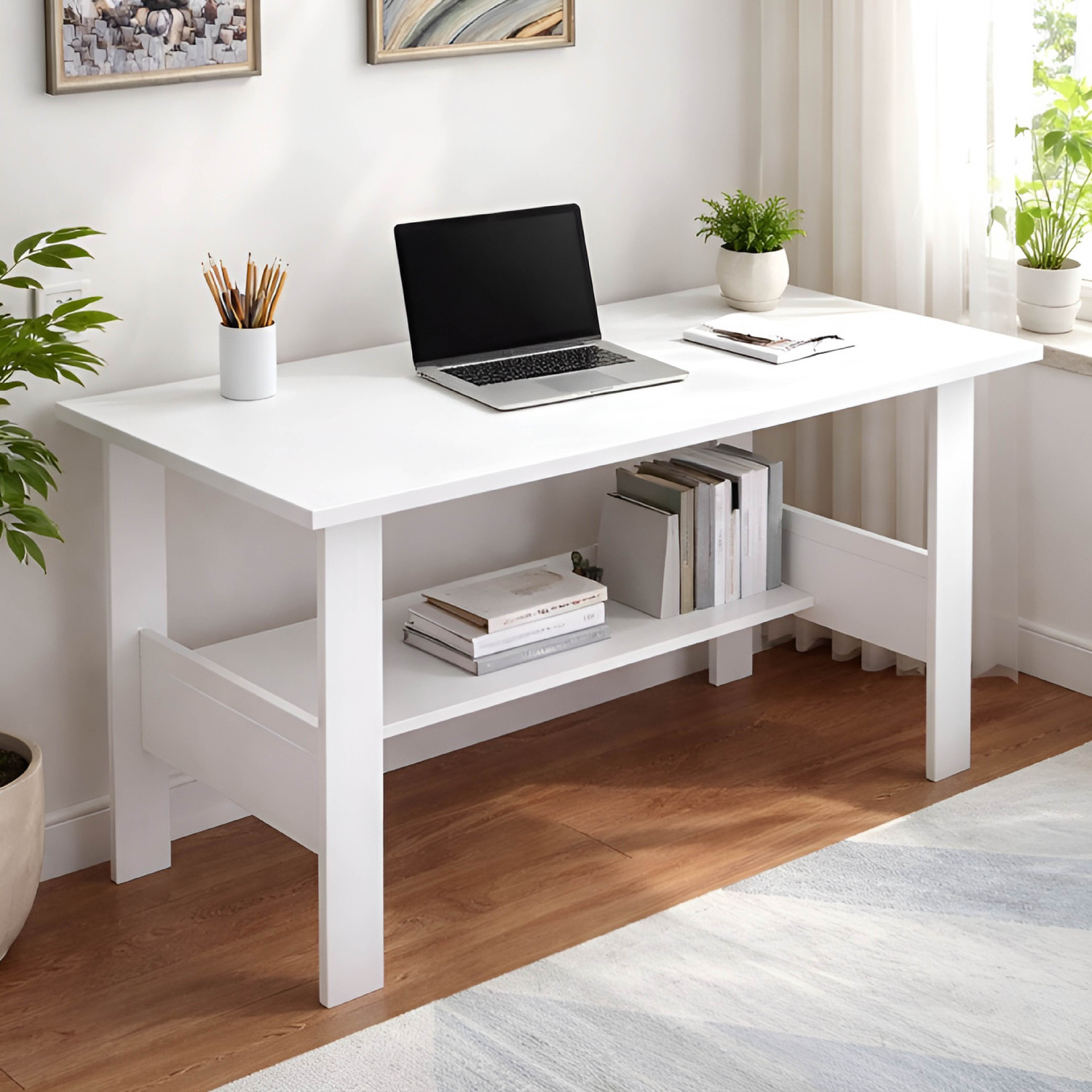 Image of Dumos Computer Desk with Metal Frame | Study & Office Table for Home Engineered Wood Office Table (Free Standing, Finish Color - Premium Brown, DIY(Do-It-Yourself))